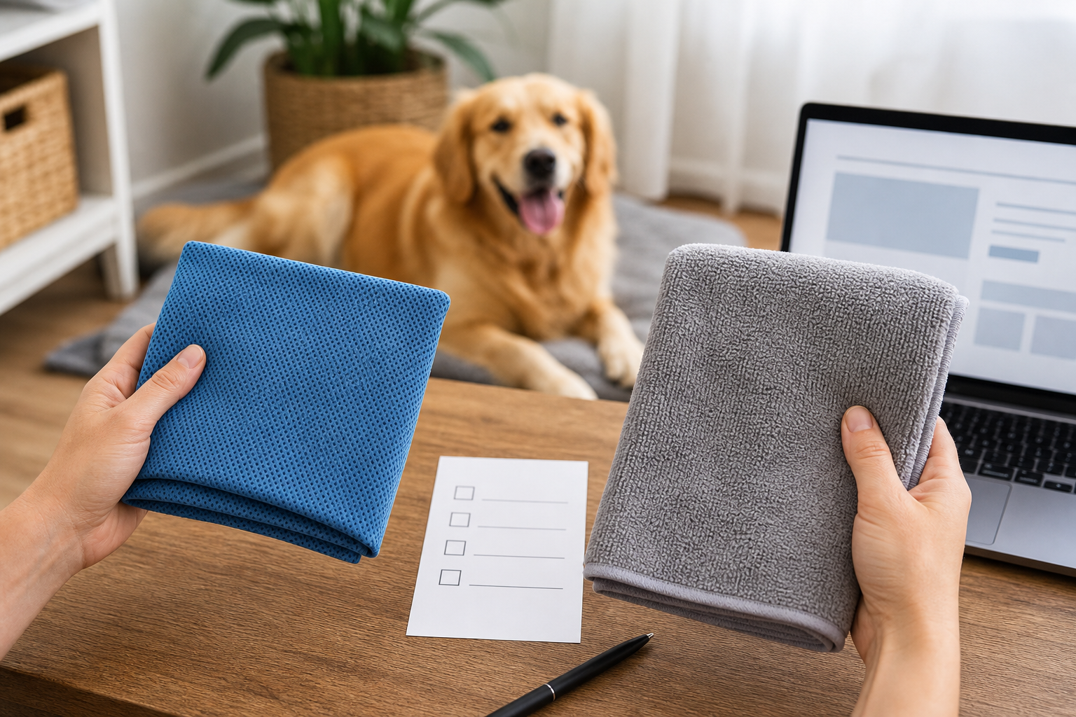 Hands comparing an unbranded cooling towel and microfiber dog towel before checkout