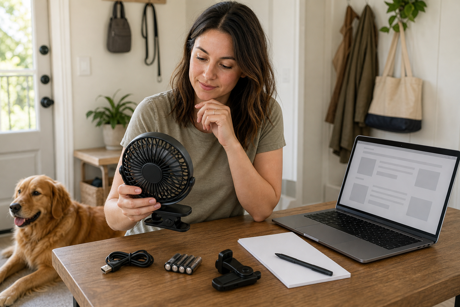 Pet owner comparing an unbranded dog crate fan before checkout