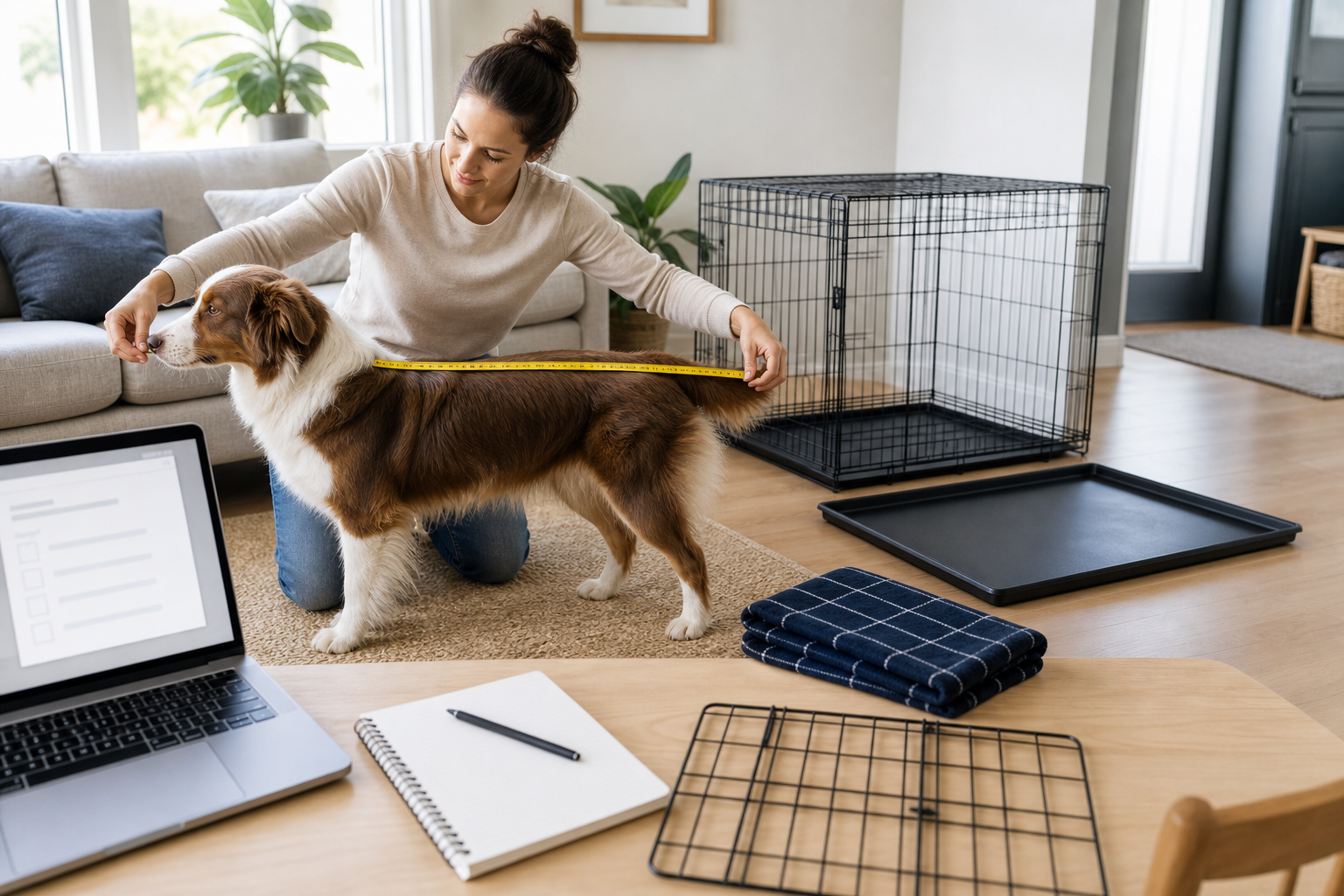 Pet owner measuring a dog beside an unbranded crate before checkout