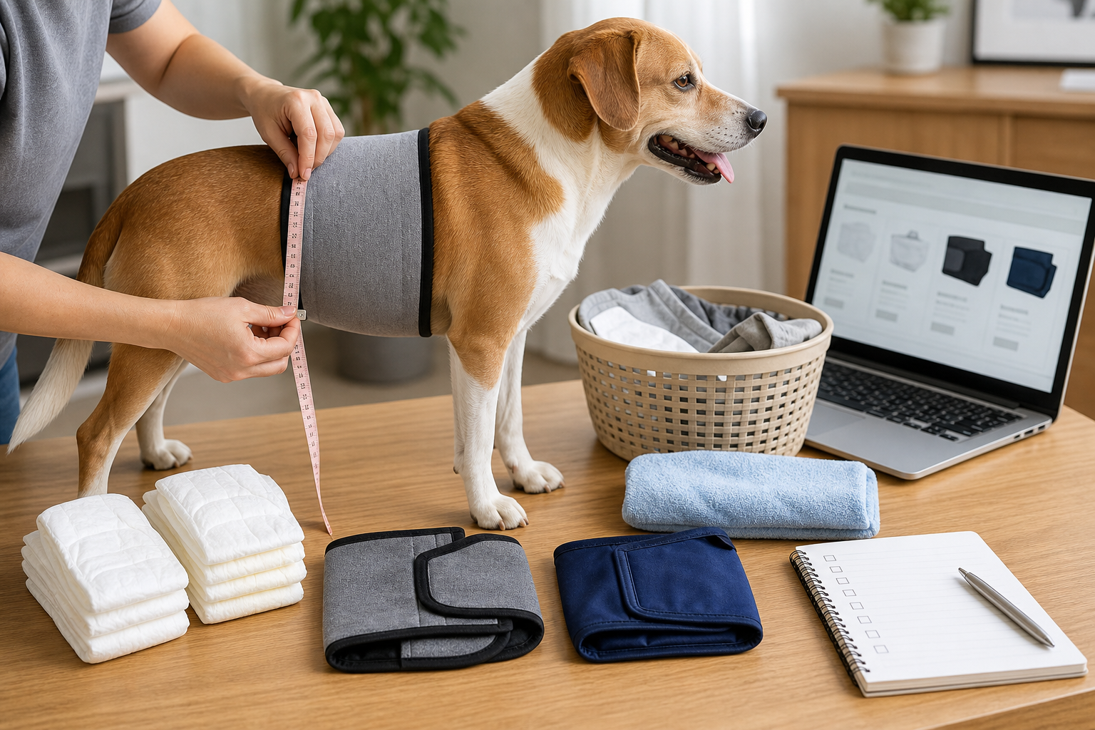 Pet owner measuring a dog for an unbranded male dog wrap before checkout