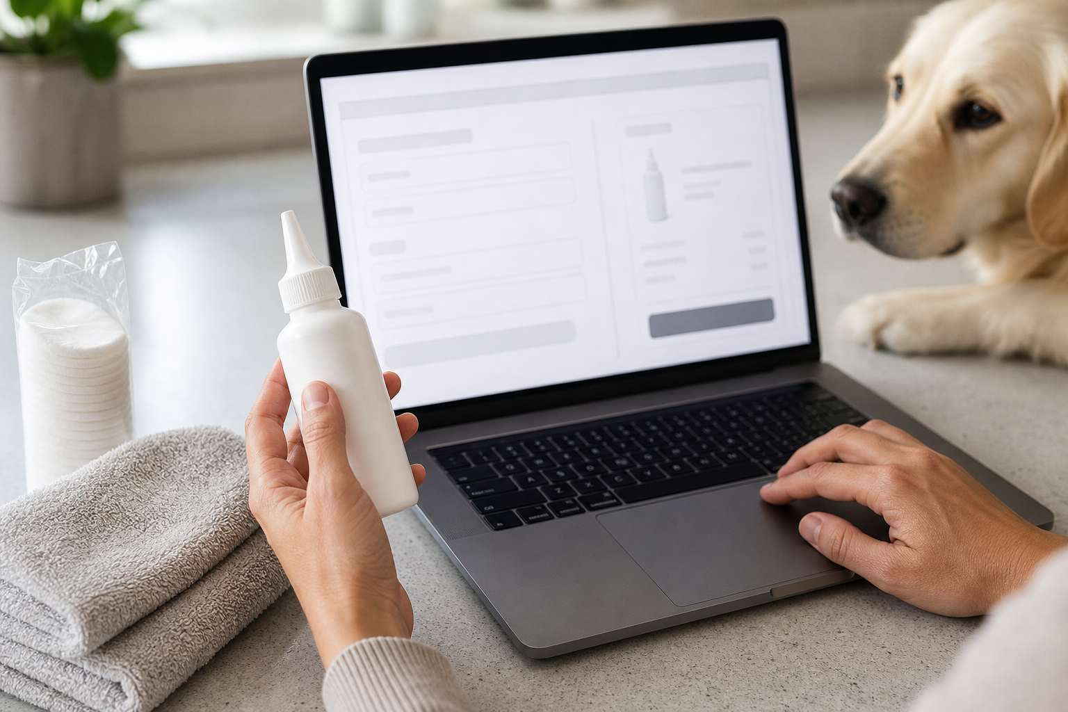 Unbranded dog ear cleaner bottle being checked before online purchase