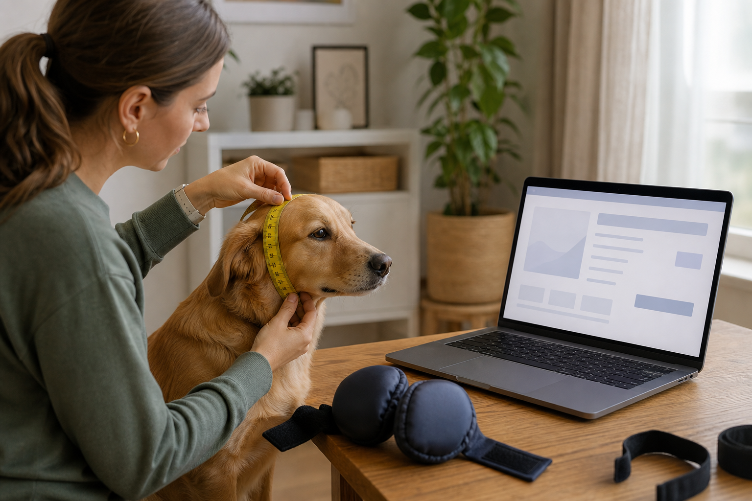 Pet owner measuring a dog before buying unbranded ear protection