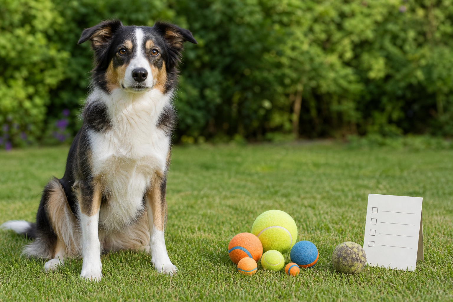 Dog beside unbranded fetch balls for a pet shopping article