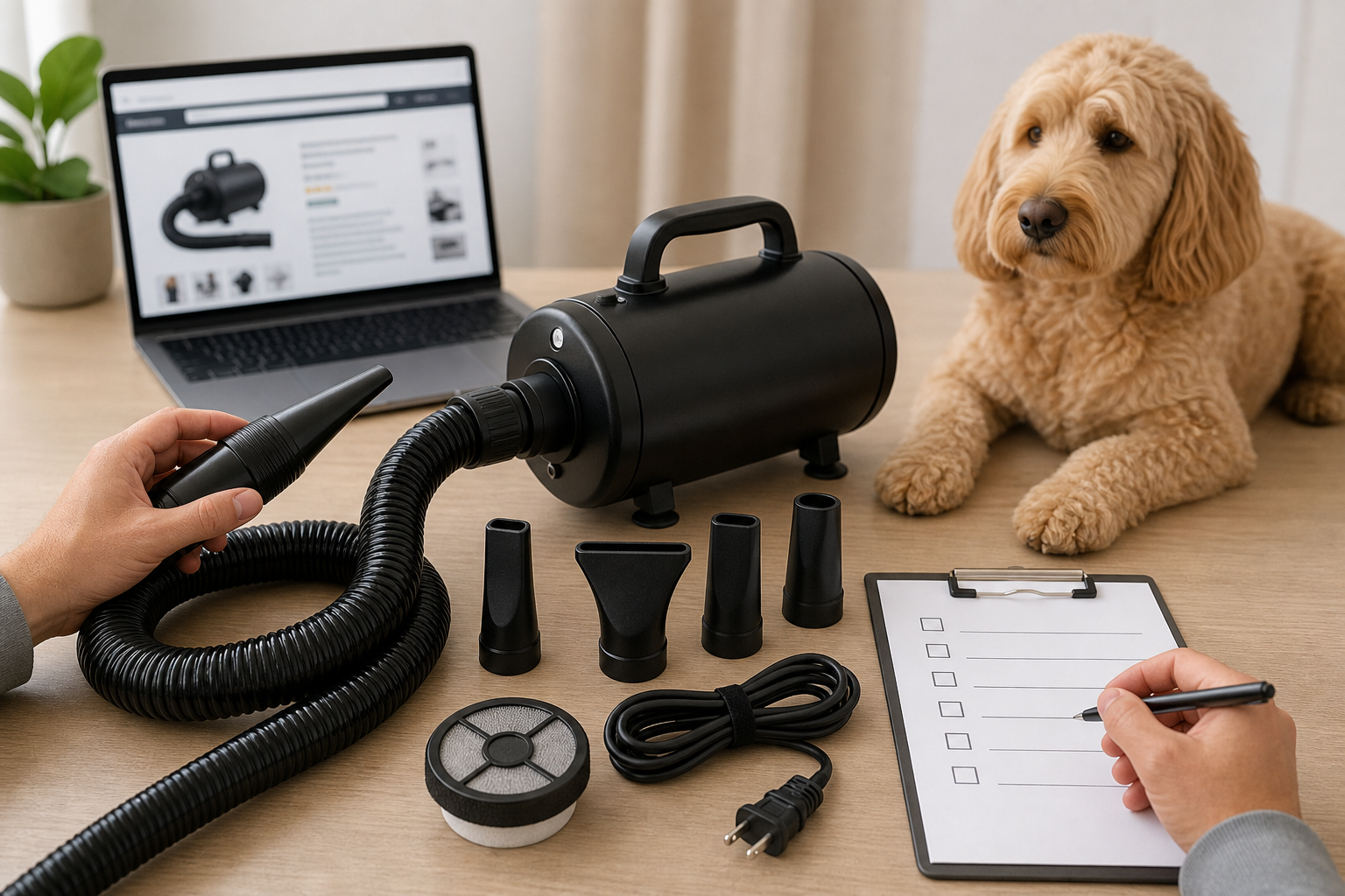 Unbranded dog grooming dryer and accessories being checked before checkout