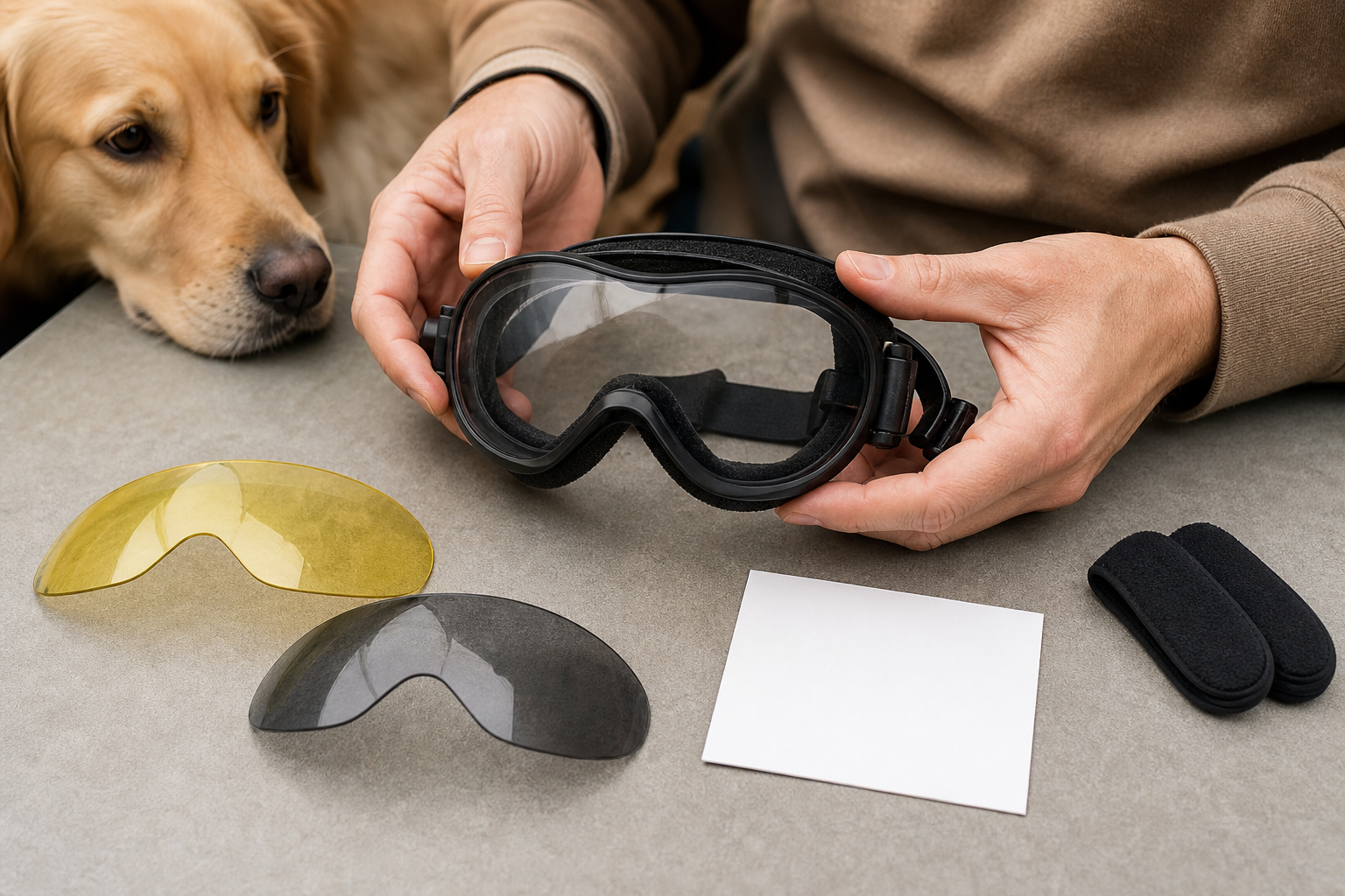 Unbranded dog goggles being checked before purchase