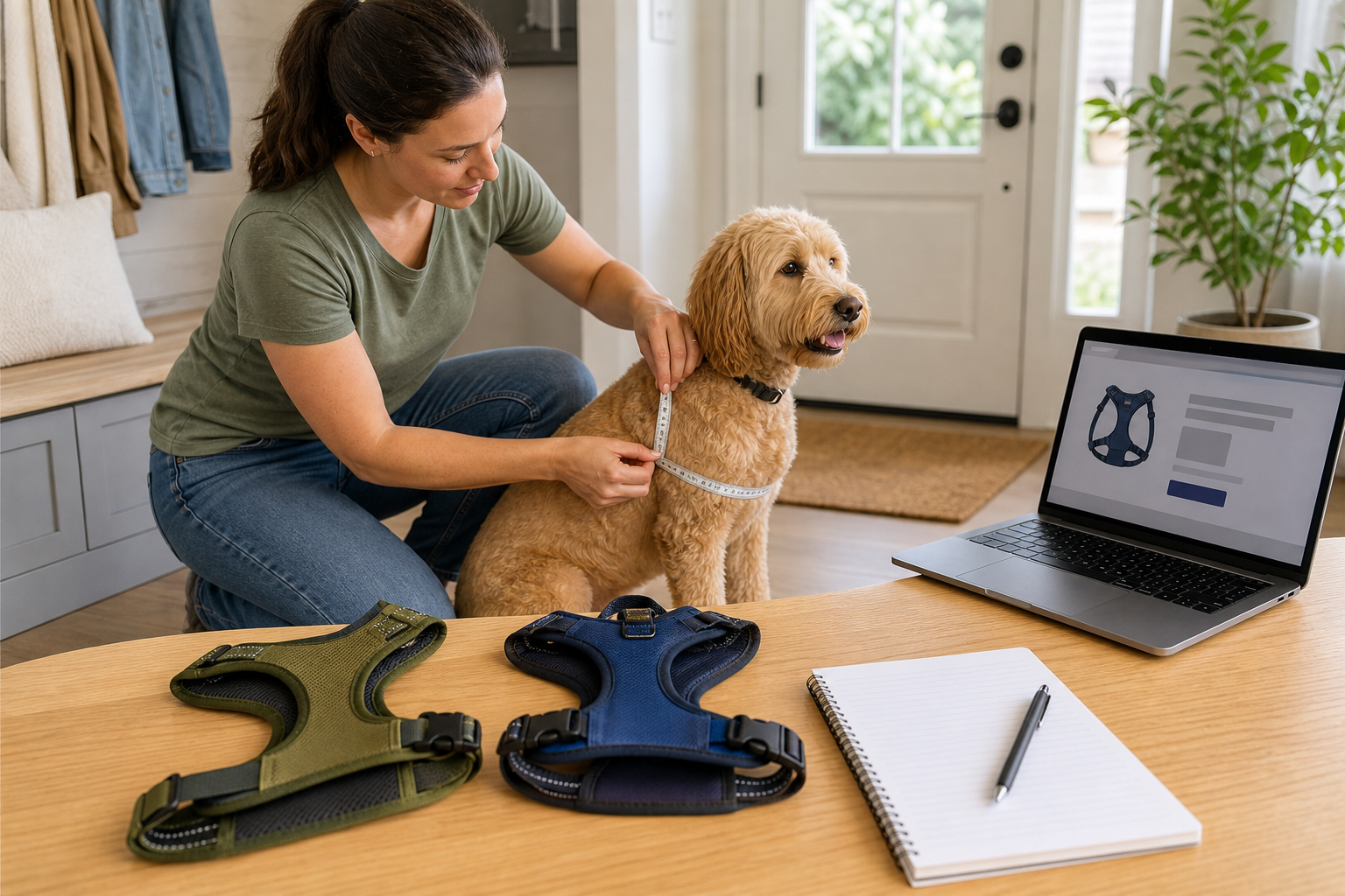 Pet owner measuring a dog before buying an unbranded harness