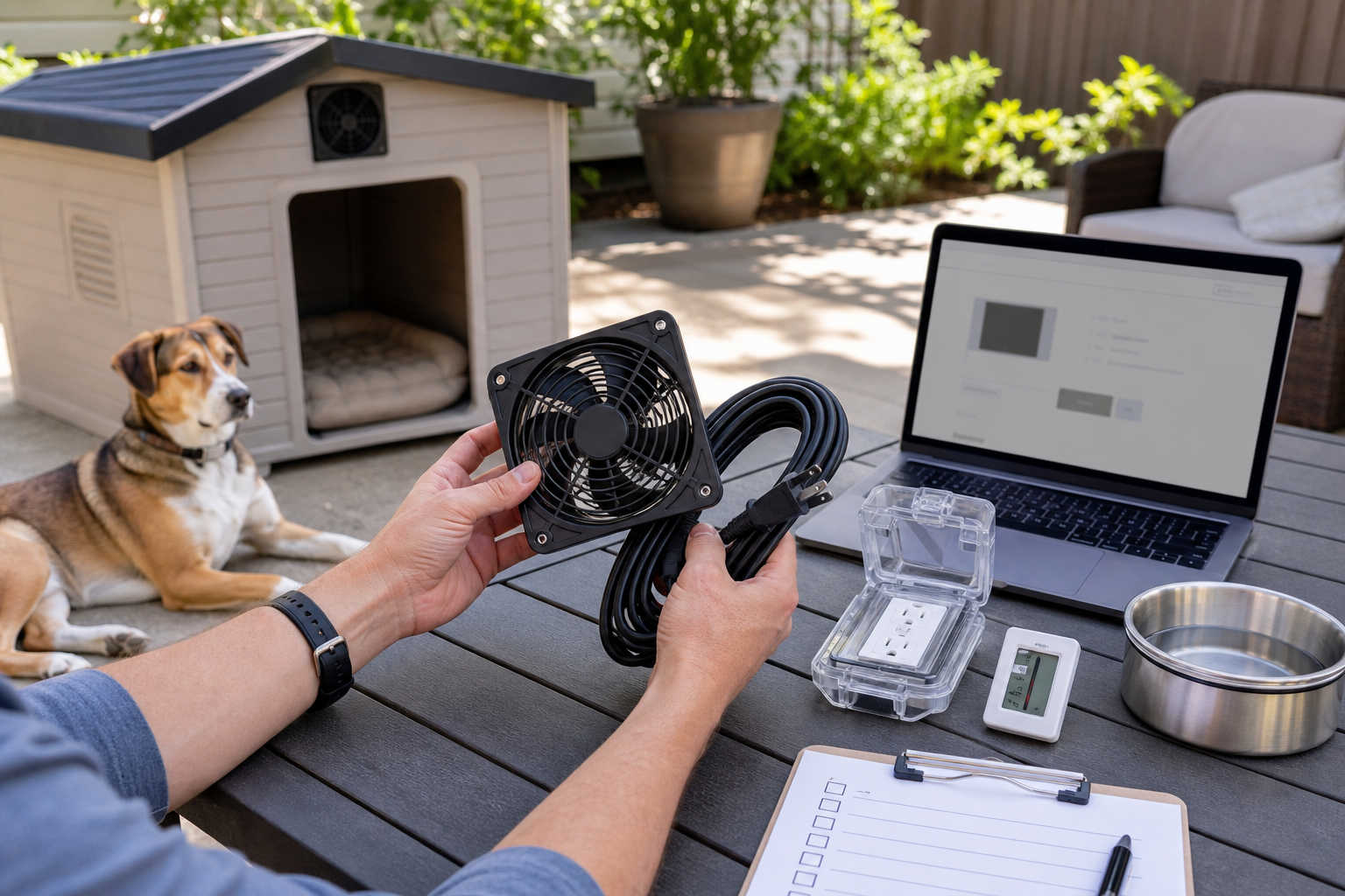 Unbranded dog house cooling fan and checkout checklist on a patio table