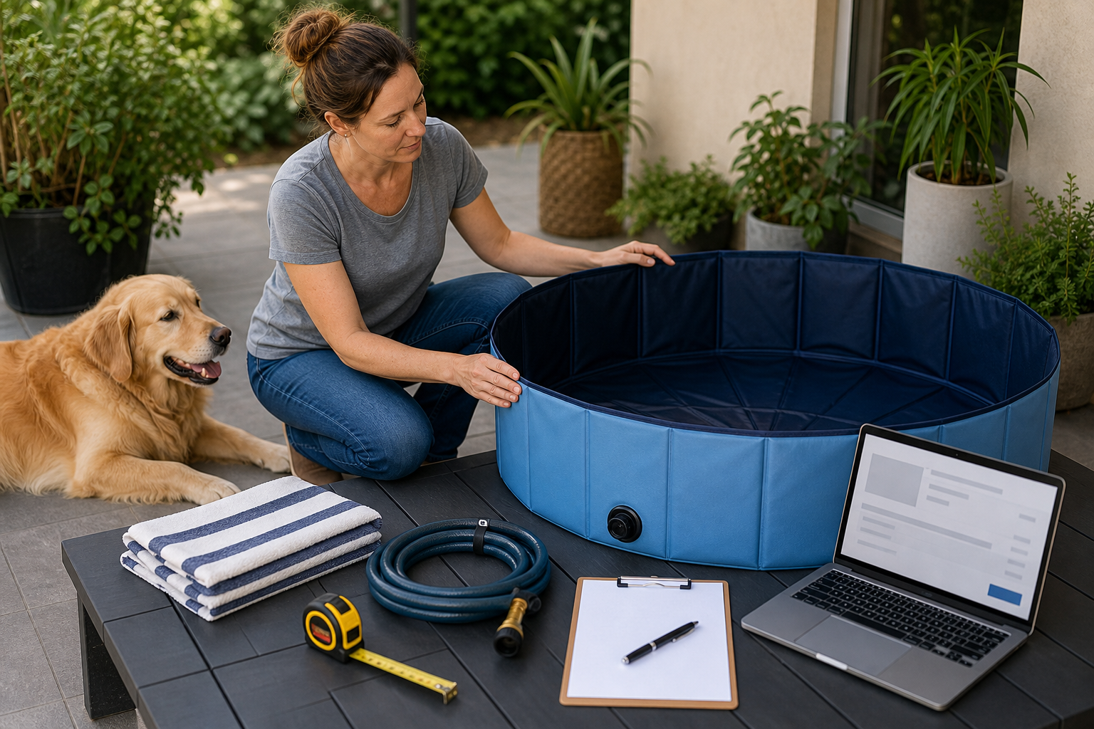 Pet owner checking an unbranded foldable dog pool with a calm dog nearby