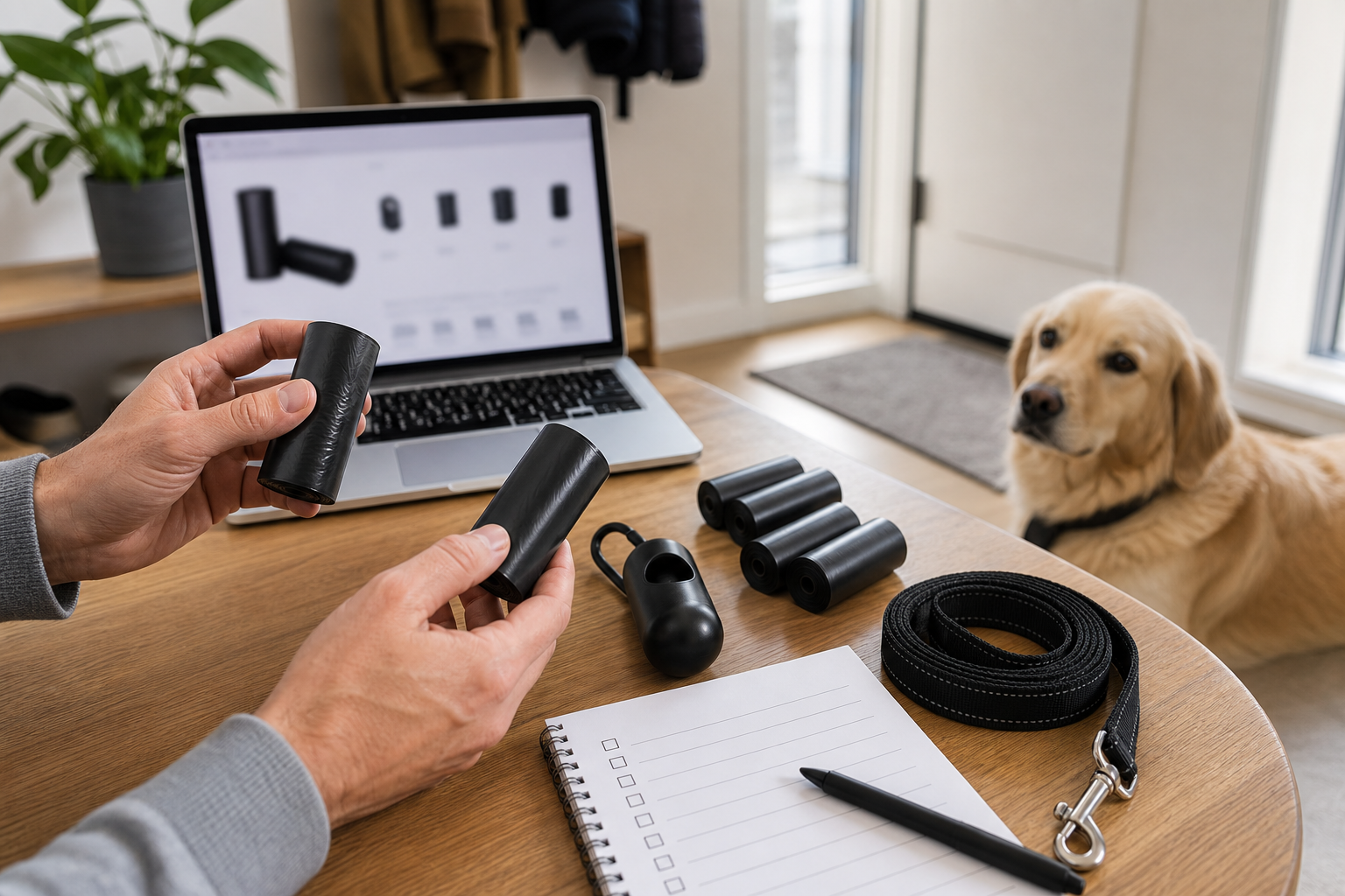 Unbranded dog waste bag rolls and checkout checklist