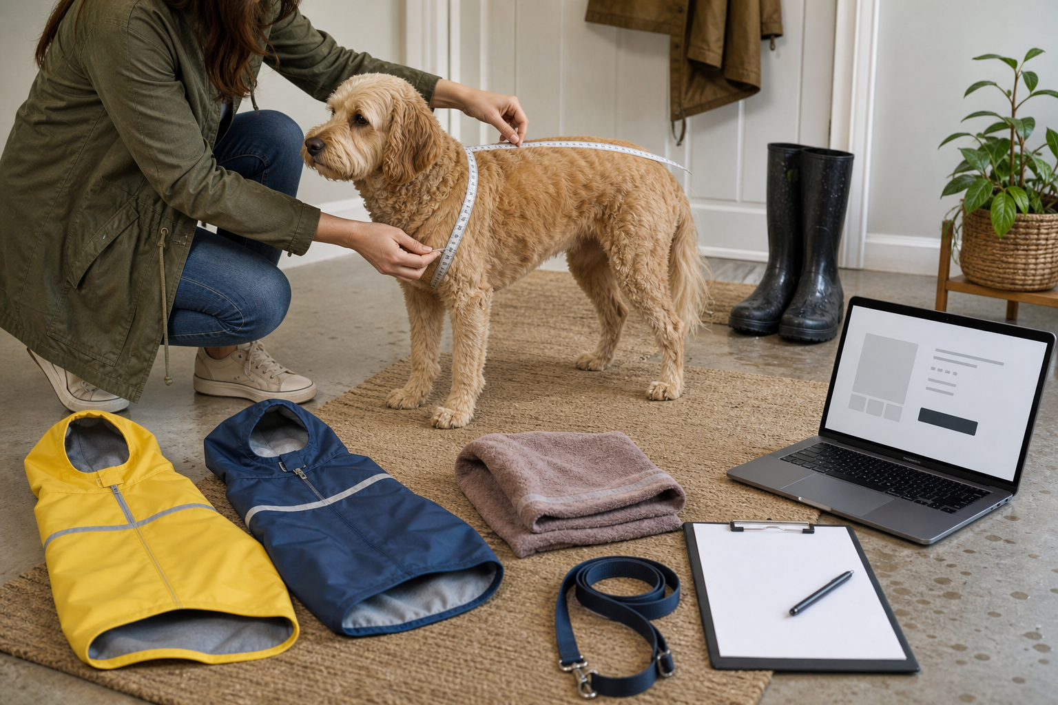 Pet owner measuring a dog before buying an unbranded raincoat