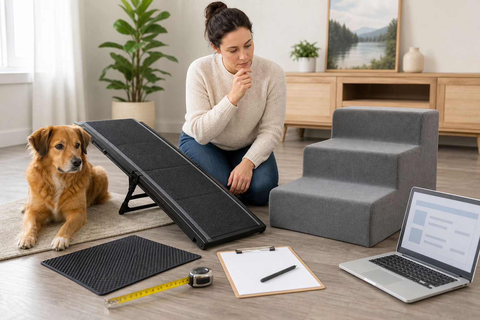 Pet owner comparing an unbranded dog ramp and pet stairs before checkout