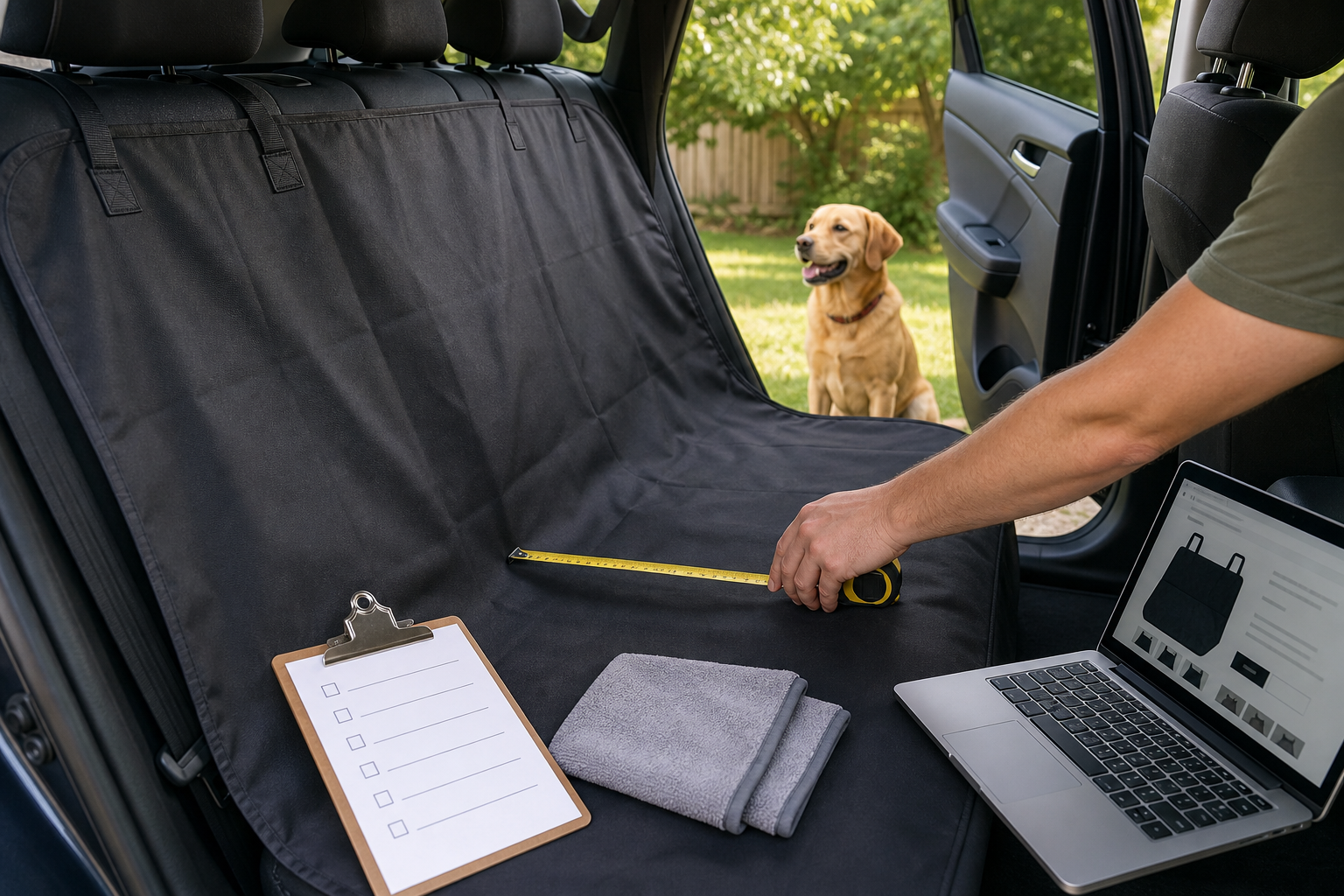 Measuring an unbranded dog car seat cover before checkout