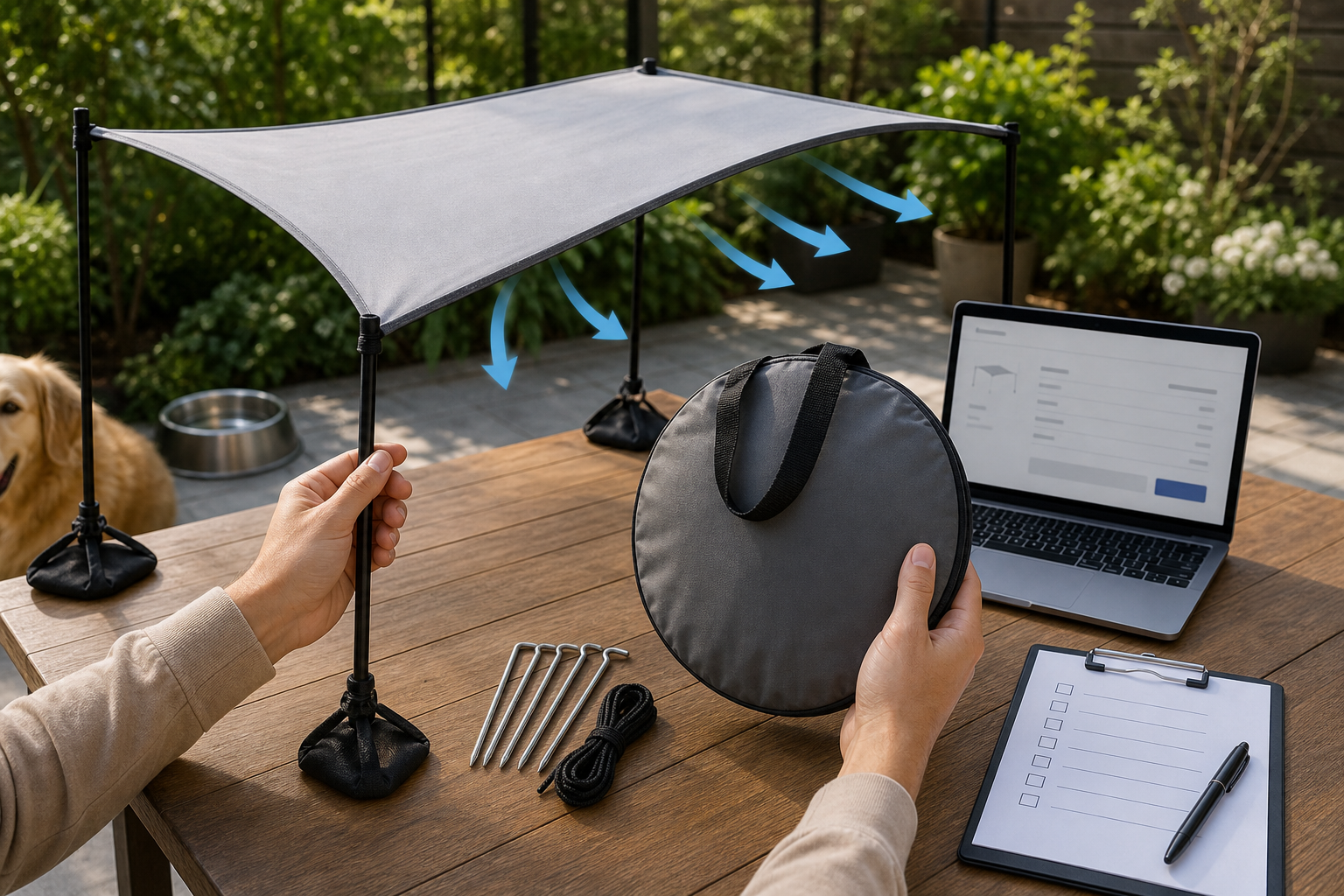 Unbranded dog shade canopy and checkout checklist on a patio table