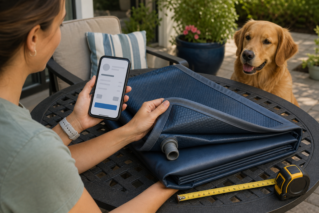 Pet owner checking an unbranded dog splash pad before checkout