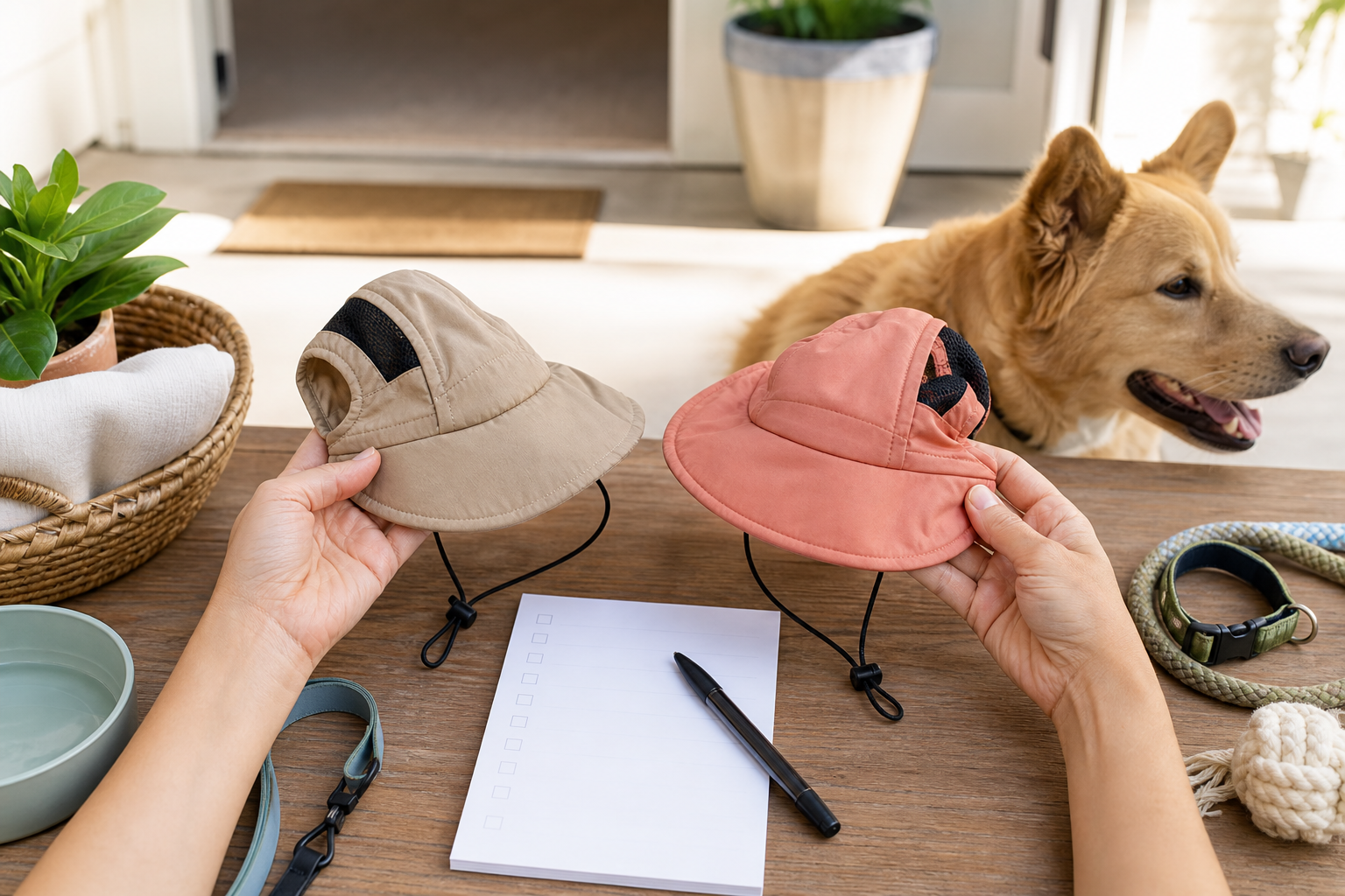 Unbranded dog sun hats compared before checkout with a calm dog nearby
