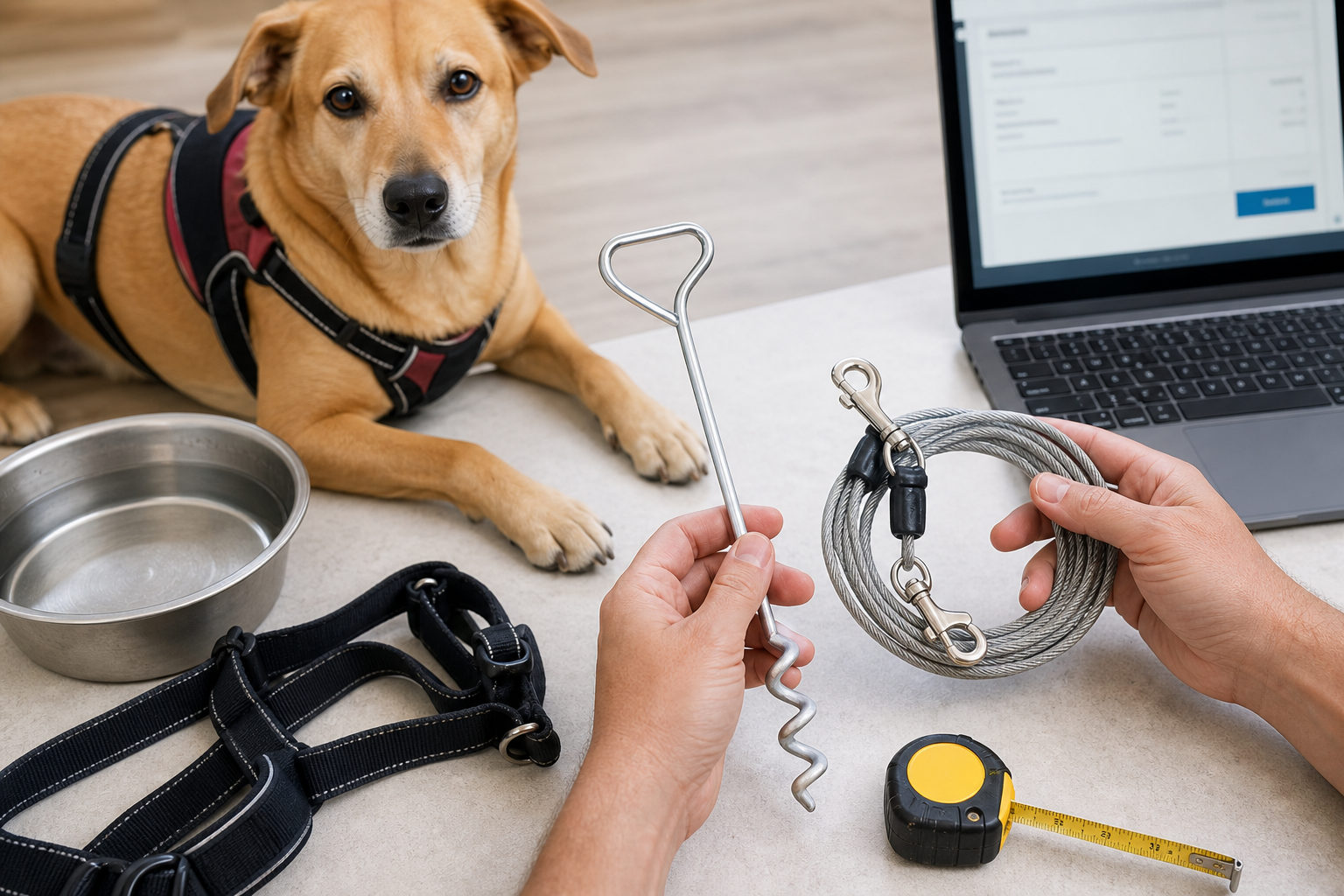 Unbranded dog tie-out stake and camping gear being checked before purchase