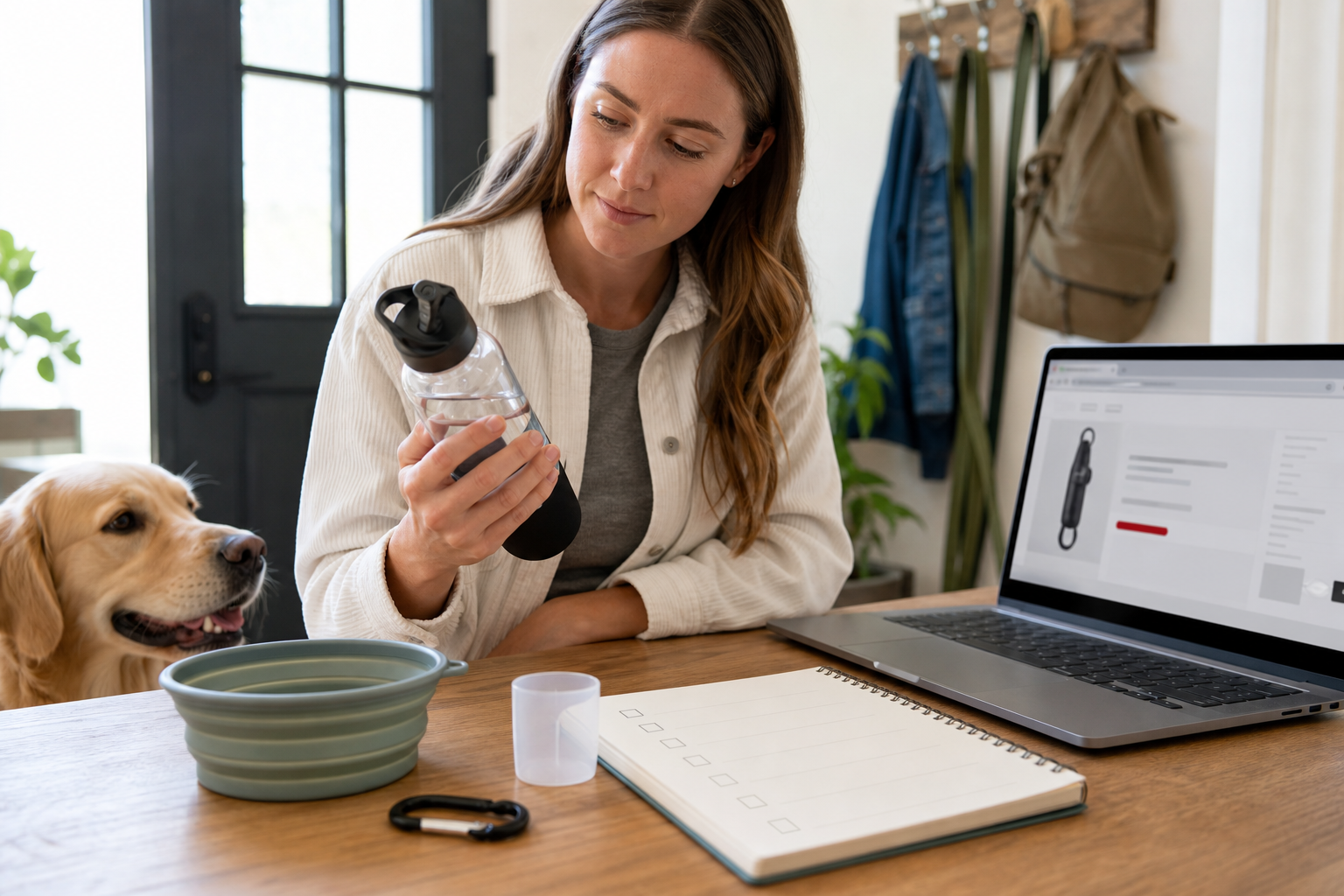 Pet owner checking an unbranded dog travel water bottle and collapsible bowl before checkout