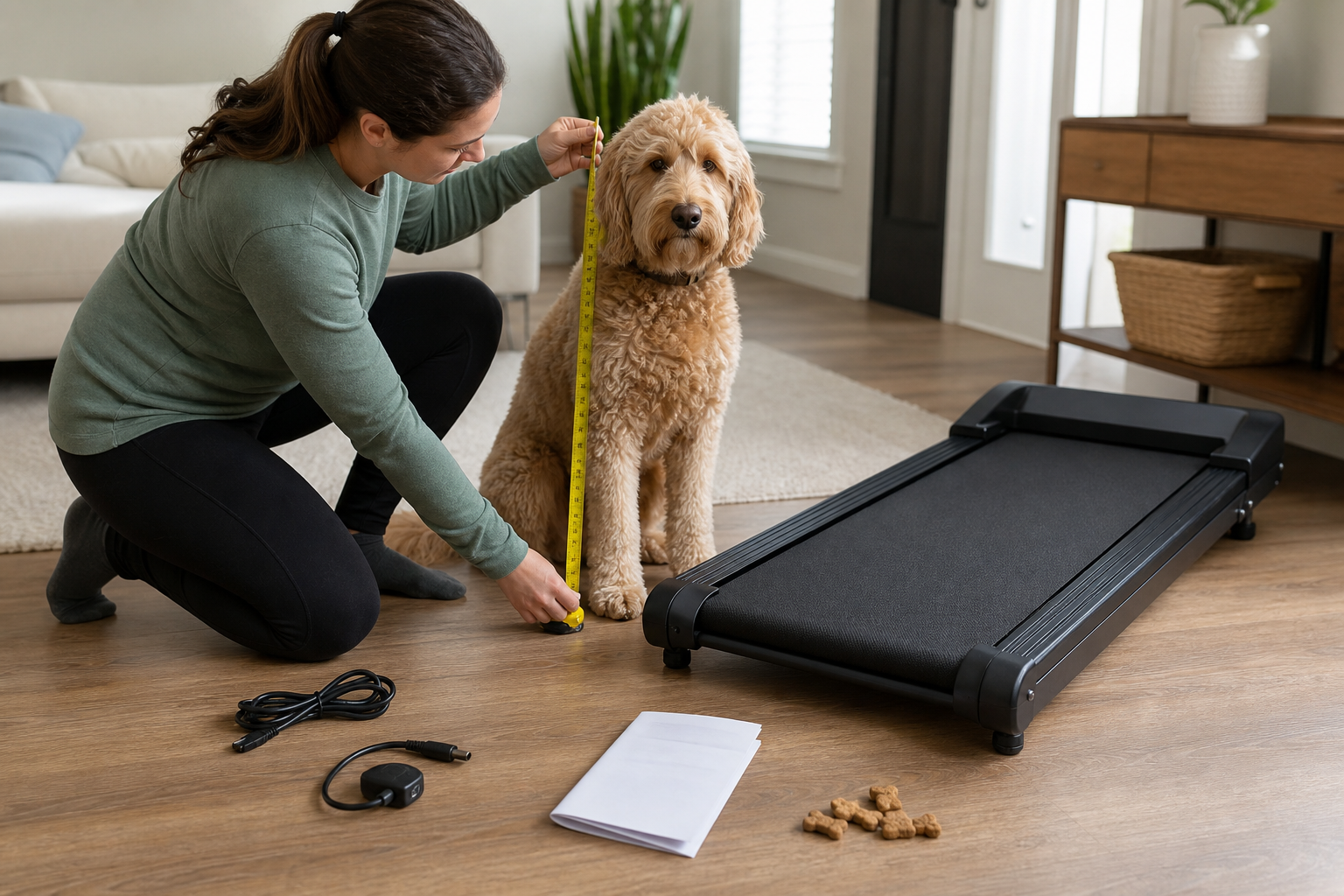 Pet owner measuring a dog beside an unbranded dog treadmill before checkout