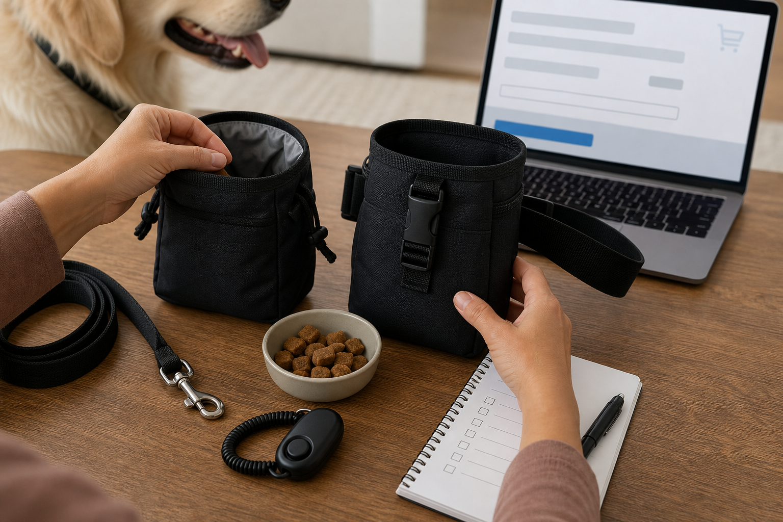 Unbranded dog treat pouches being checked before purchase