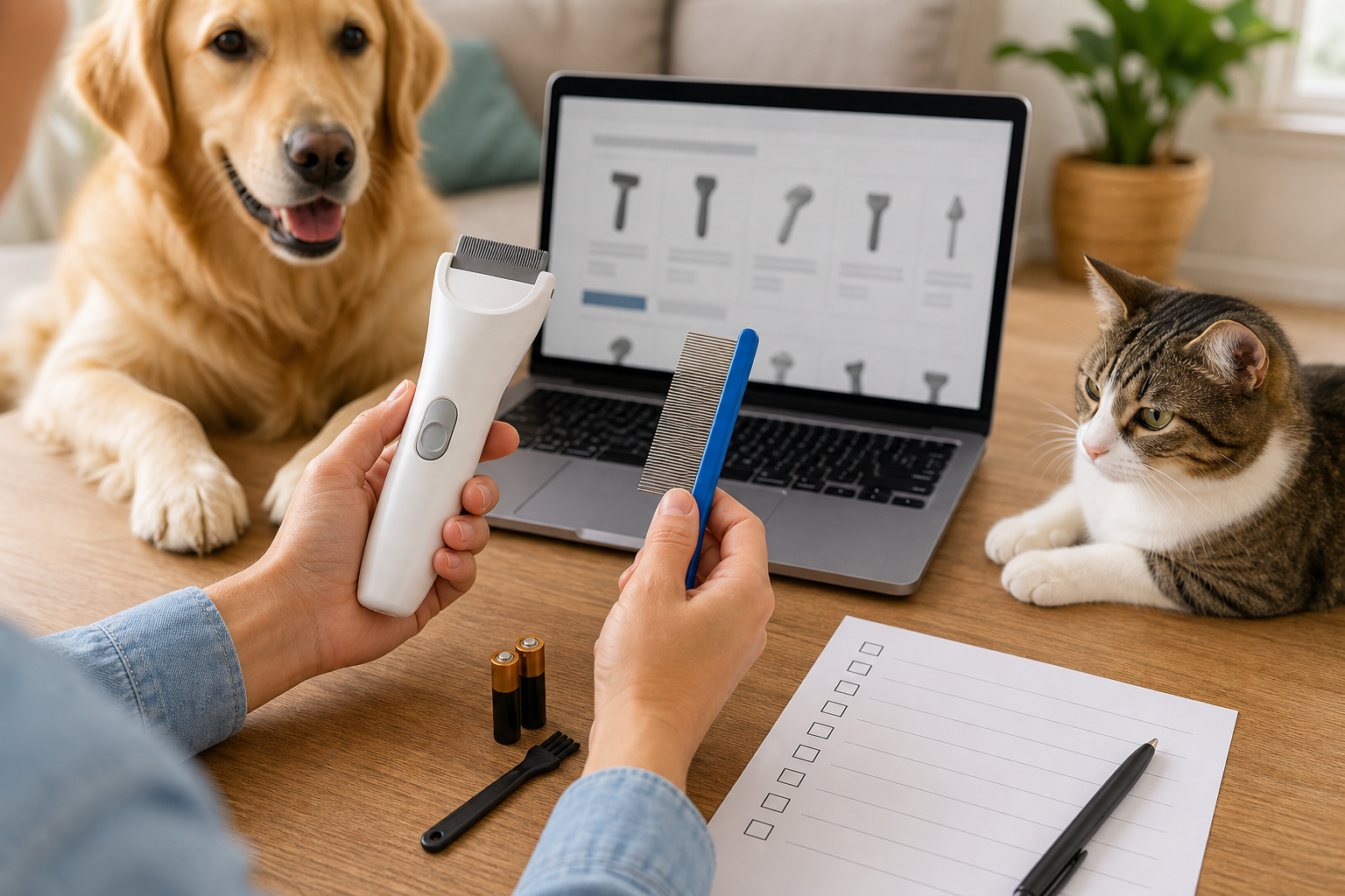 Pet owner comparing an unbranded electric flea comb and regular flea comb before checkout