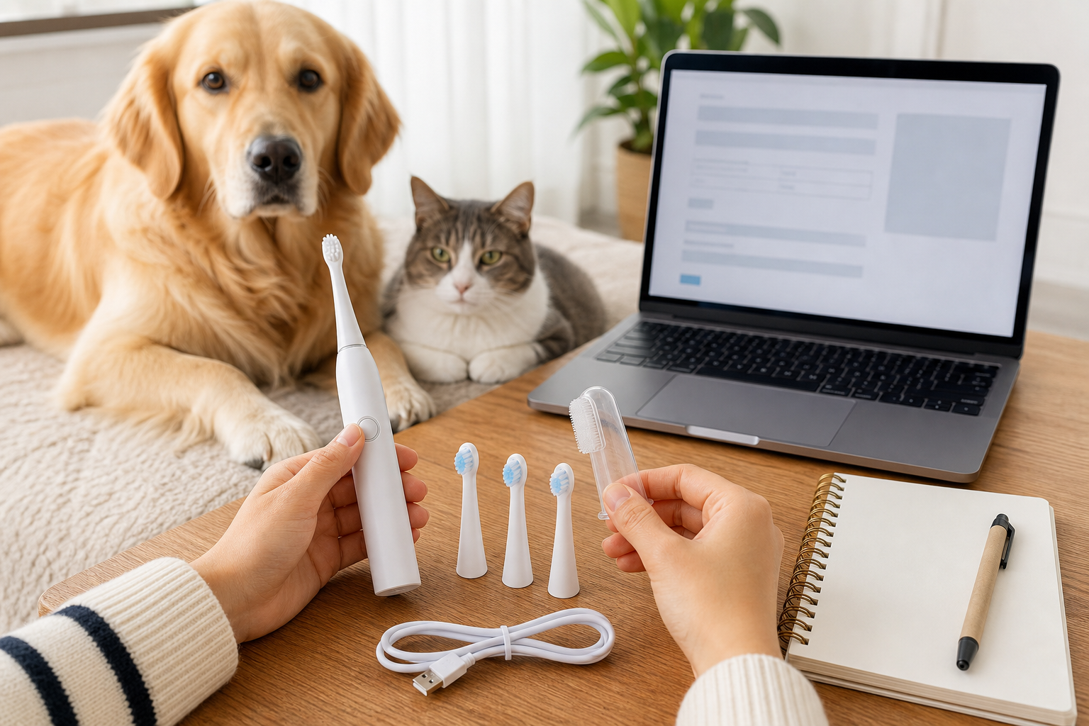 Unbranded electric pet toothbrush, replacement heads and checkout checklist