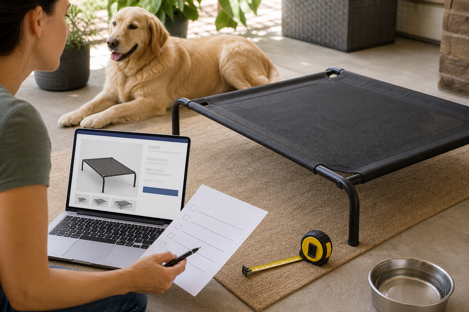 Pet owner checking an unbranded elevated dog cot before checkout
