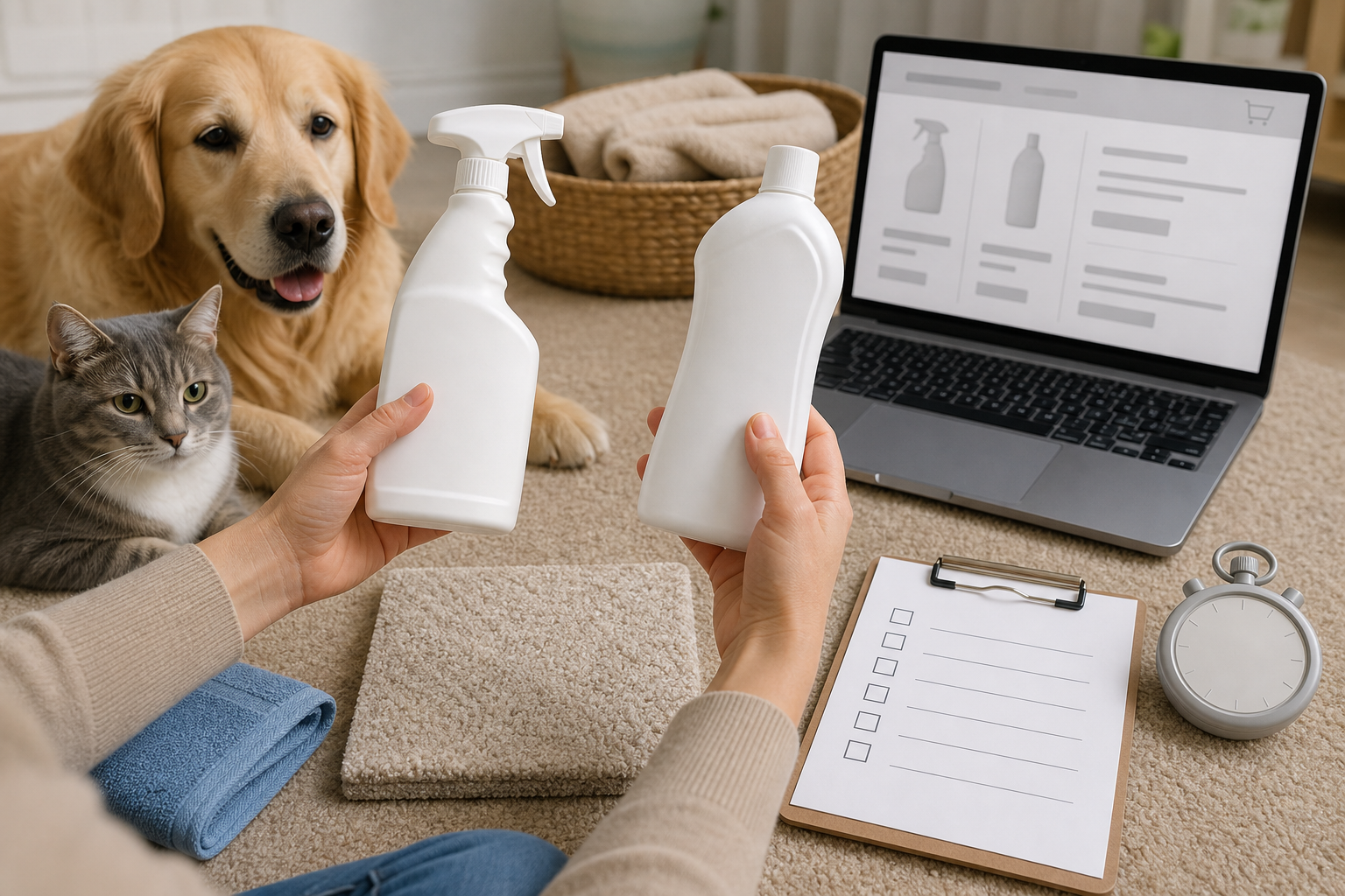 Pet owner comparing unbranded pet stain cleaner bottles with dog and cat nearby