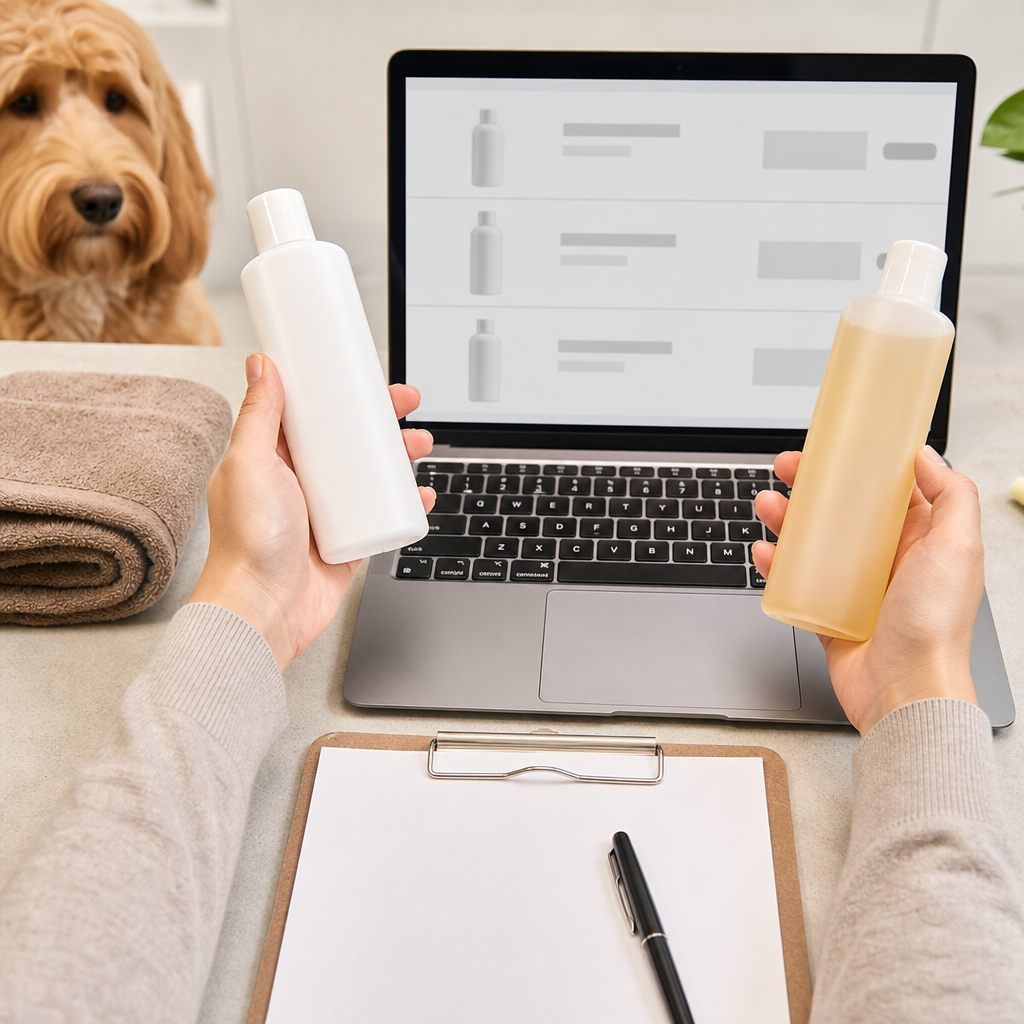 Unbranded flea shampoo checkout comparison with a flea comb and safety checklist