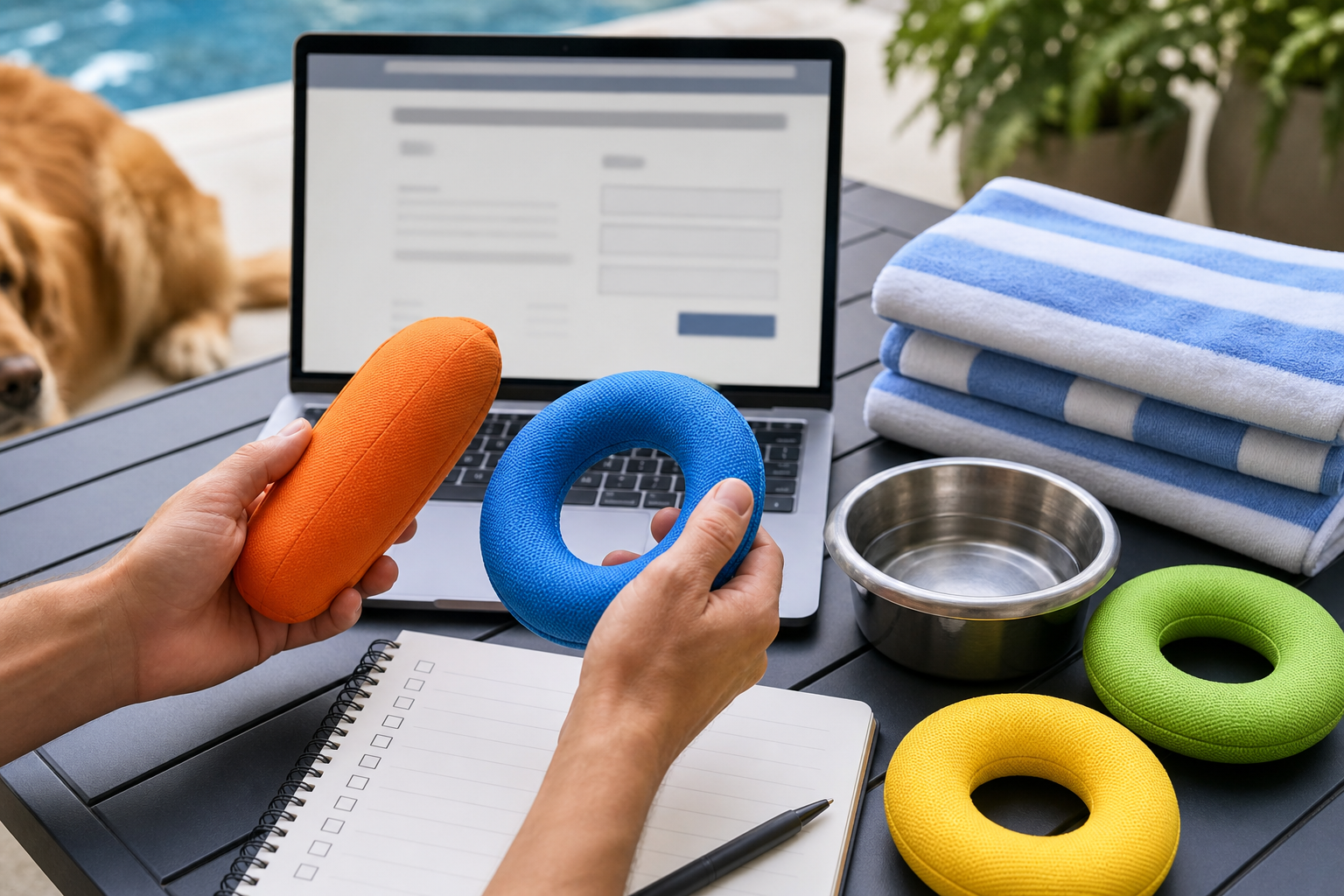 Hands comparing unbranded floating dog toys before checkout