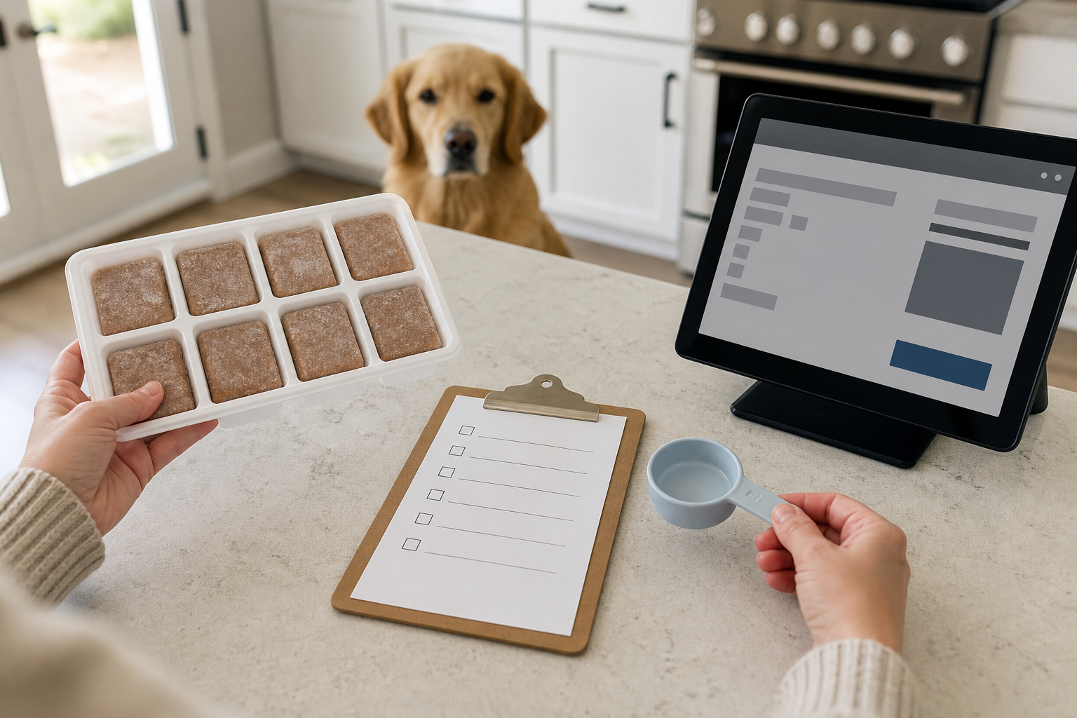 Dog owner checking an unbranded frozen dog treat multipack before checkout