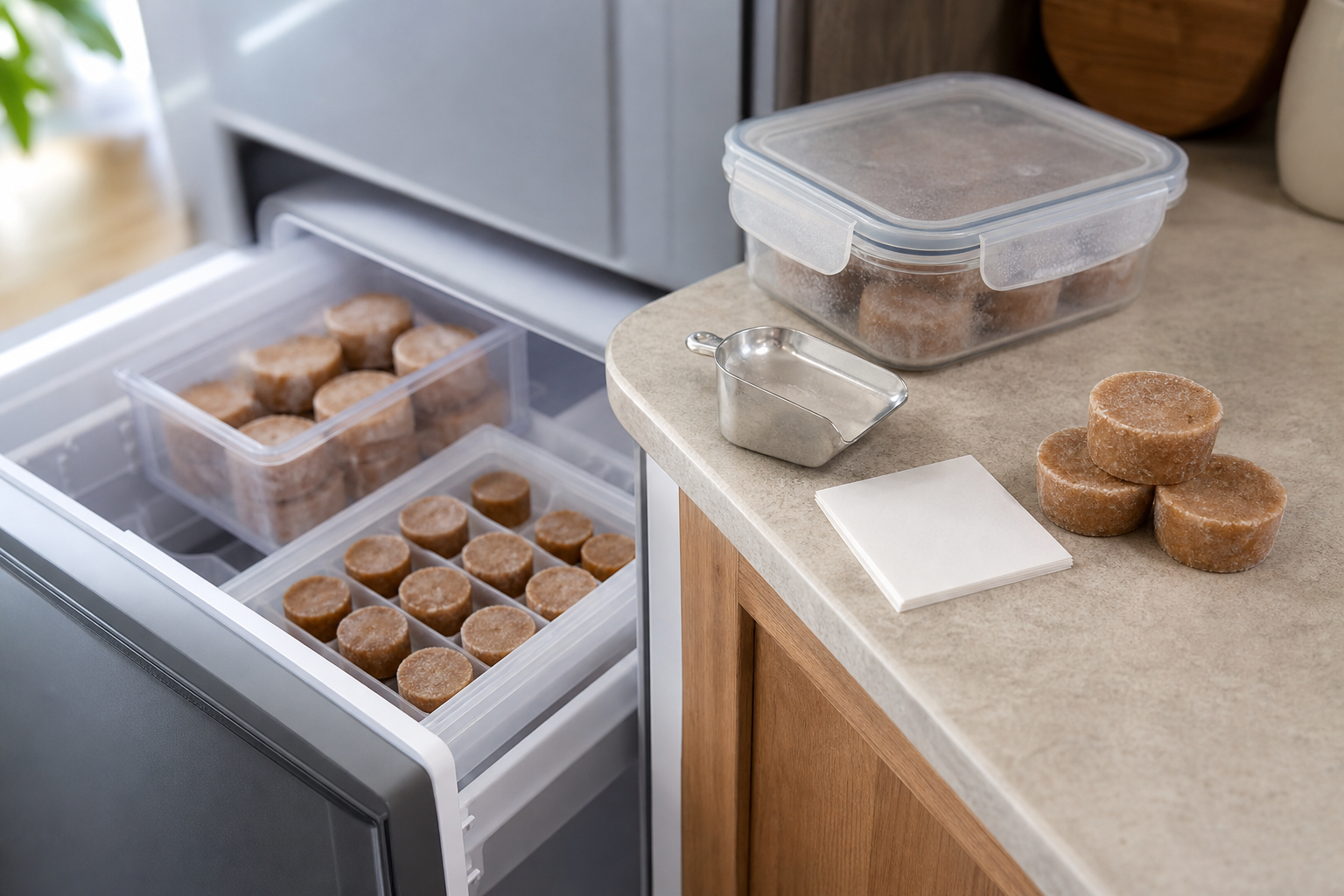 Unbranded frozen dog treats stored in a freezer with a portion scoop