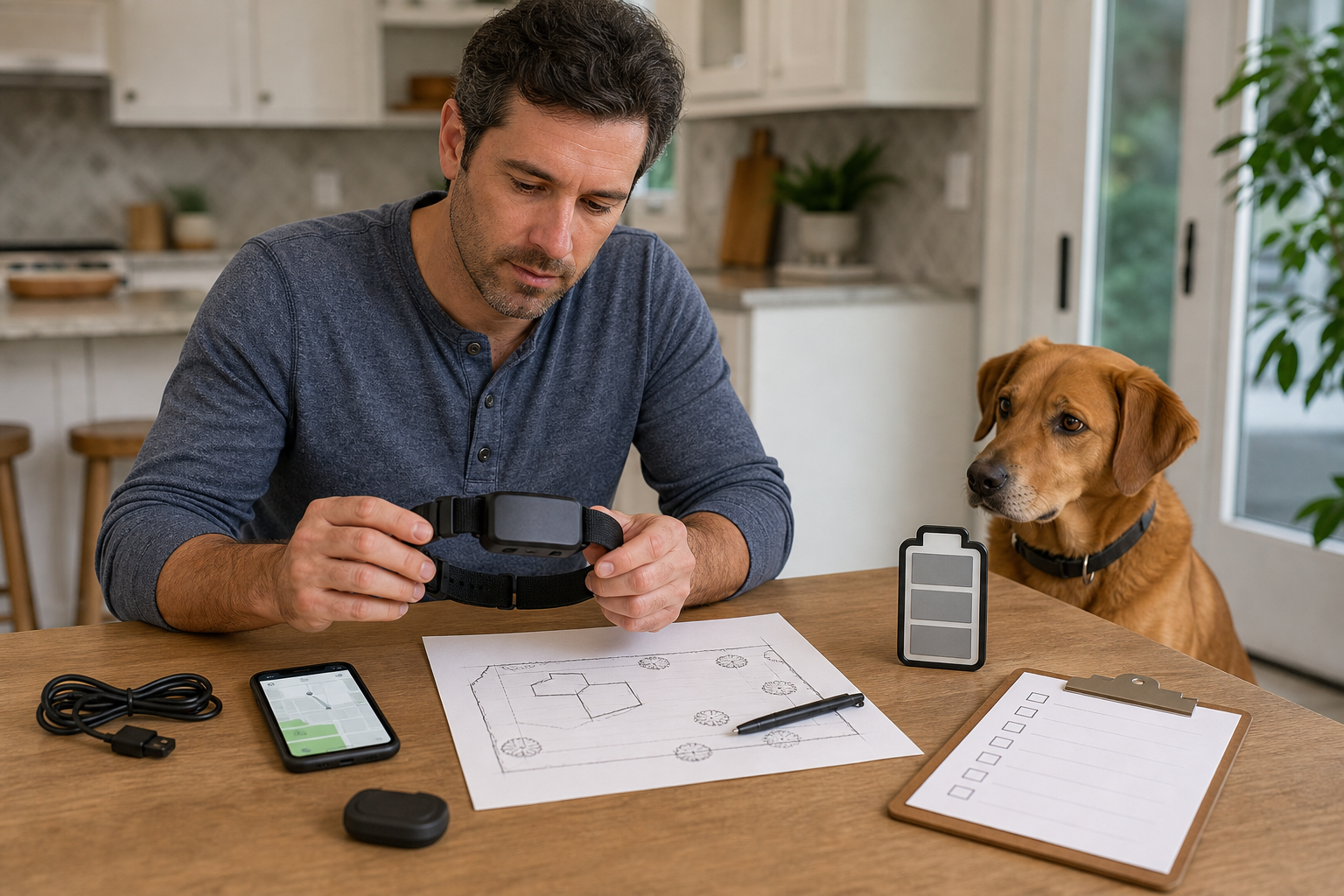 Pet owner checking an unbranded GPS dog fence collar before checkout