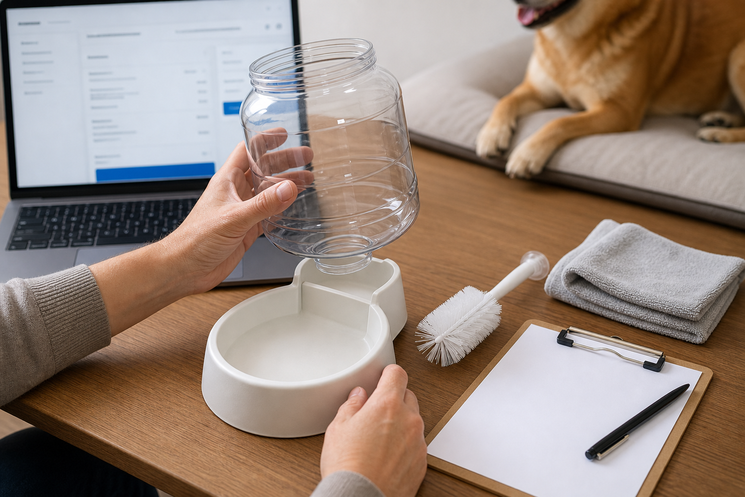 Unbranded gravity pet waterer being checked before checkout