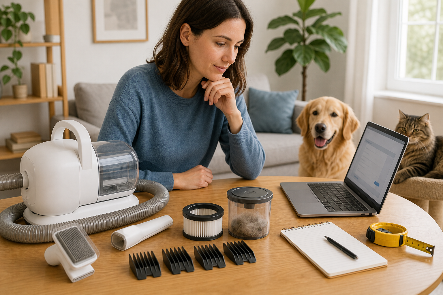 Pet owner comparing an unbranded pet grooming vacuum kit before checkout
