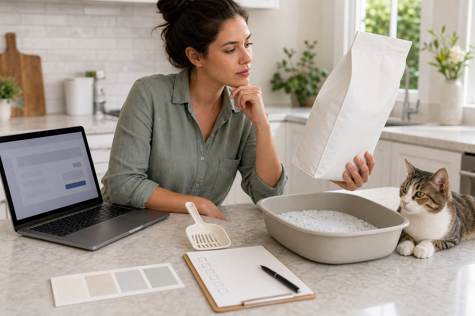 Generic cat litter checkout checklist with unbranded litter supplies