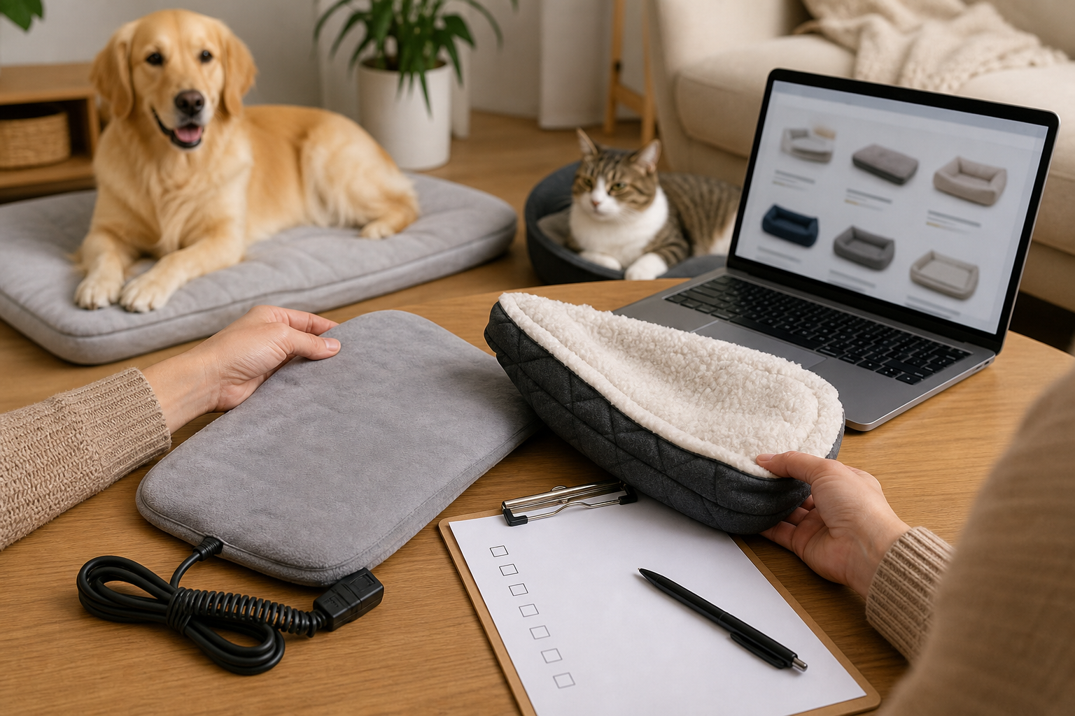 Pet owner comparing an unbranded heated pet bed before checkout