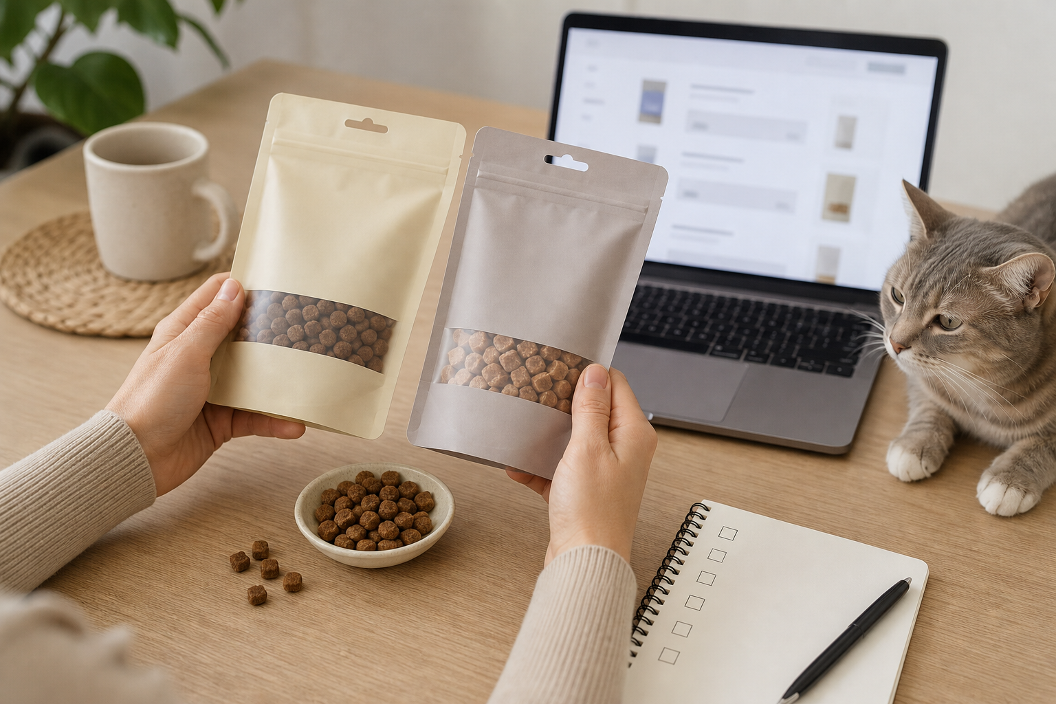 Unbranded cat treat pouches being compared before checkout with a cat nearby