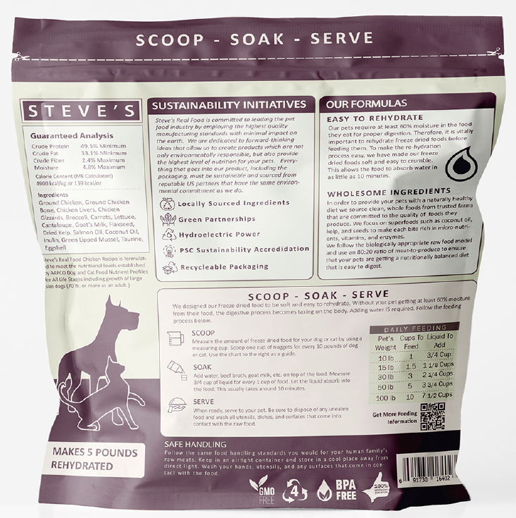 Back label panel for recalled Steve's Real Food Chicken Recipe Freeze Dried pet food