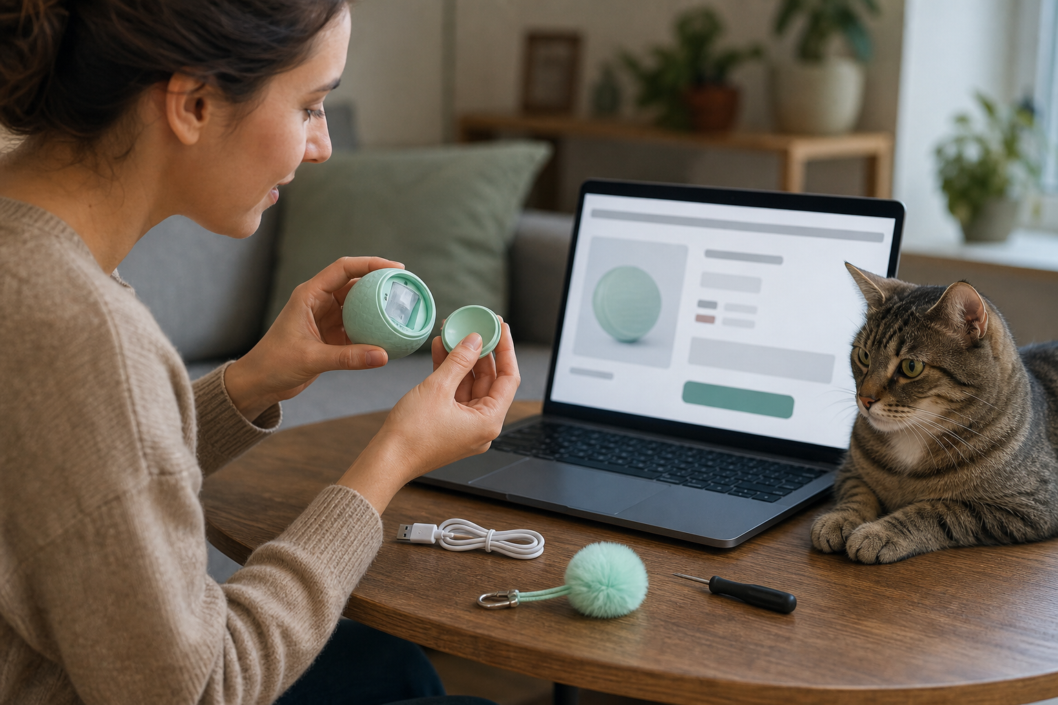 Pet owner checking an unbranded interactive cat toy and charging cable before checkout