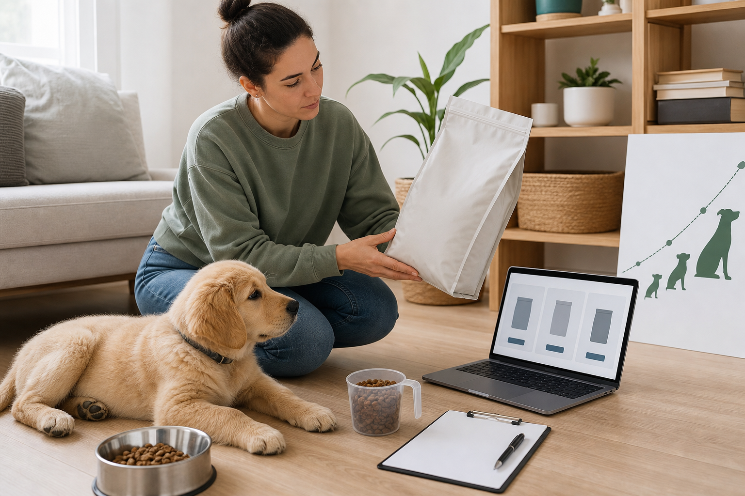 Pet owner comparing unbranded large-breed puppy food before checkout