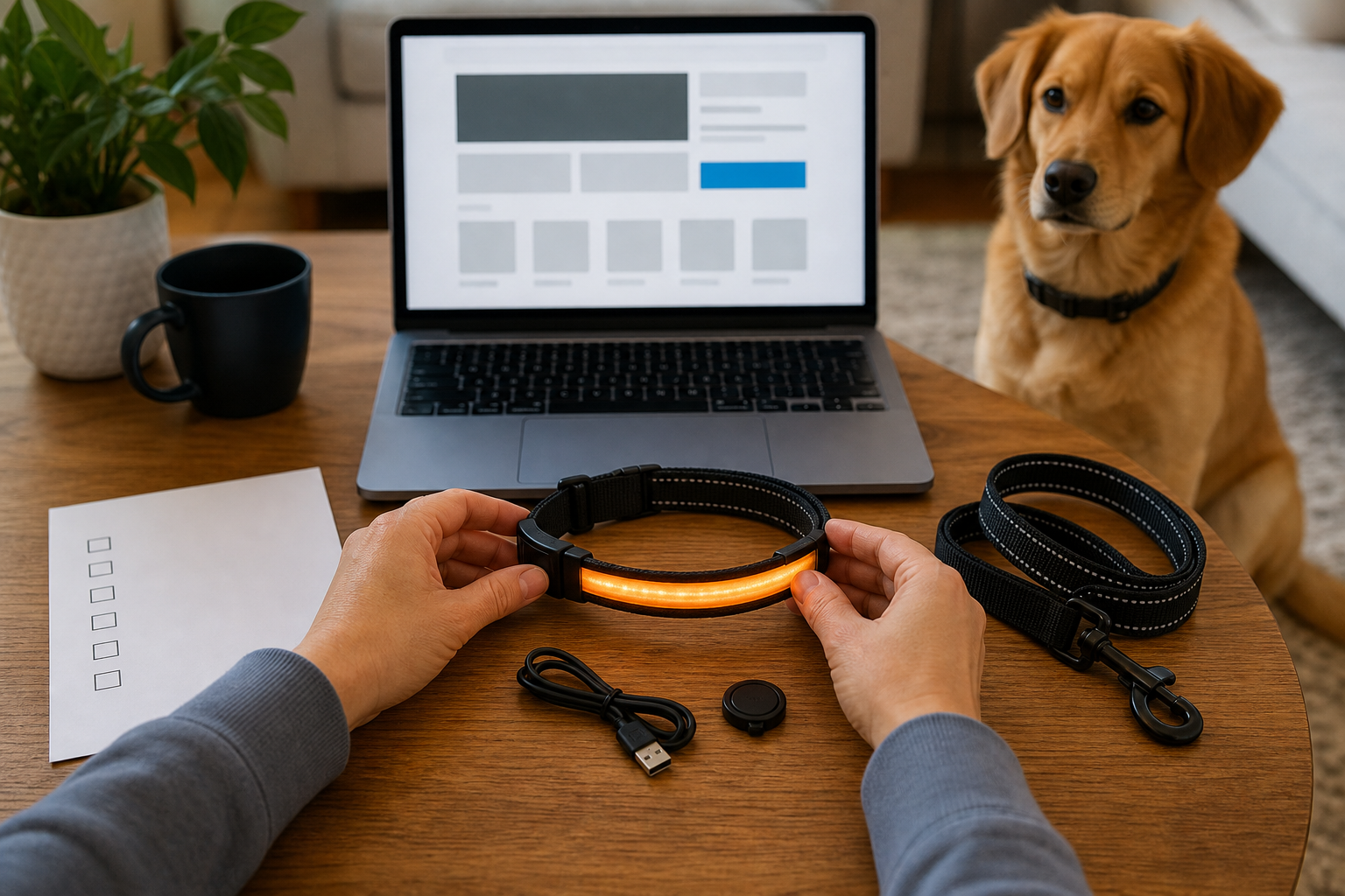 Generic LED dog collar checkout comparison with reflective leash and charging cable
