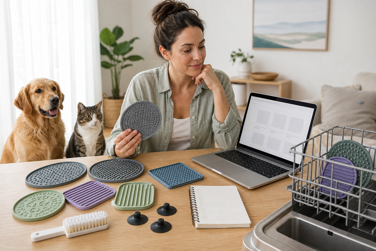 Dog and cat near unbranded lick mats and cleaning supplies
