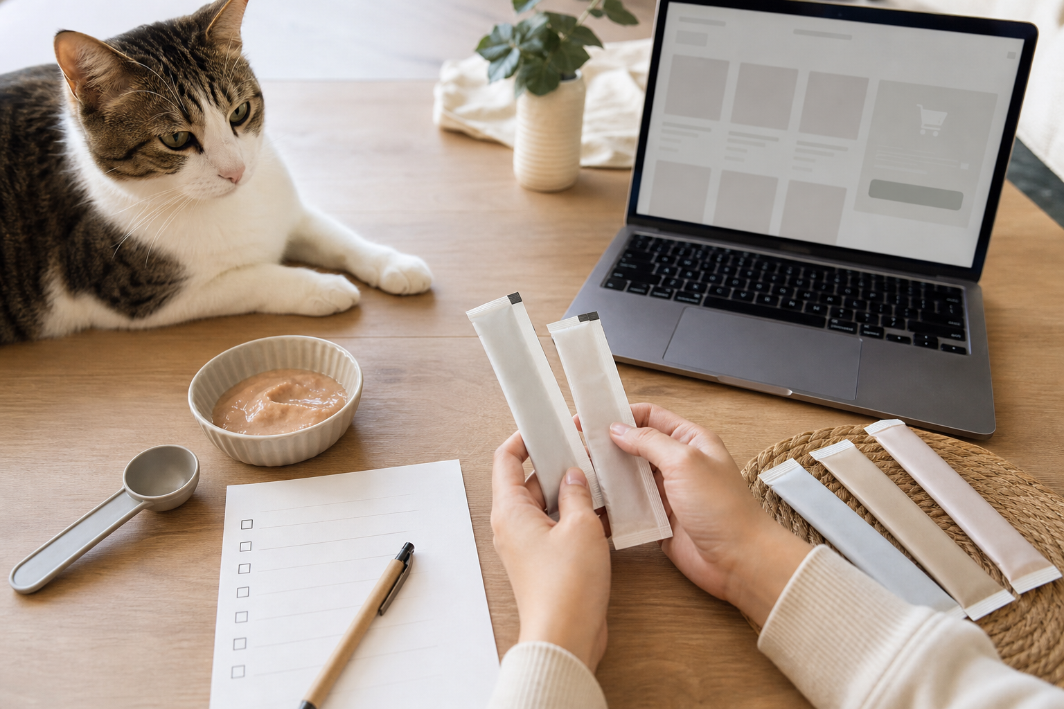 Pet owner comparing unbranded lickable cat treat tubes before checkout