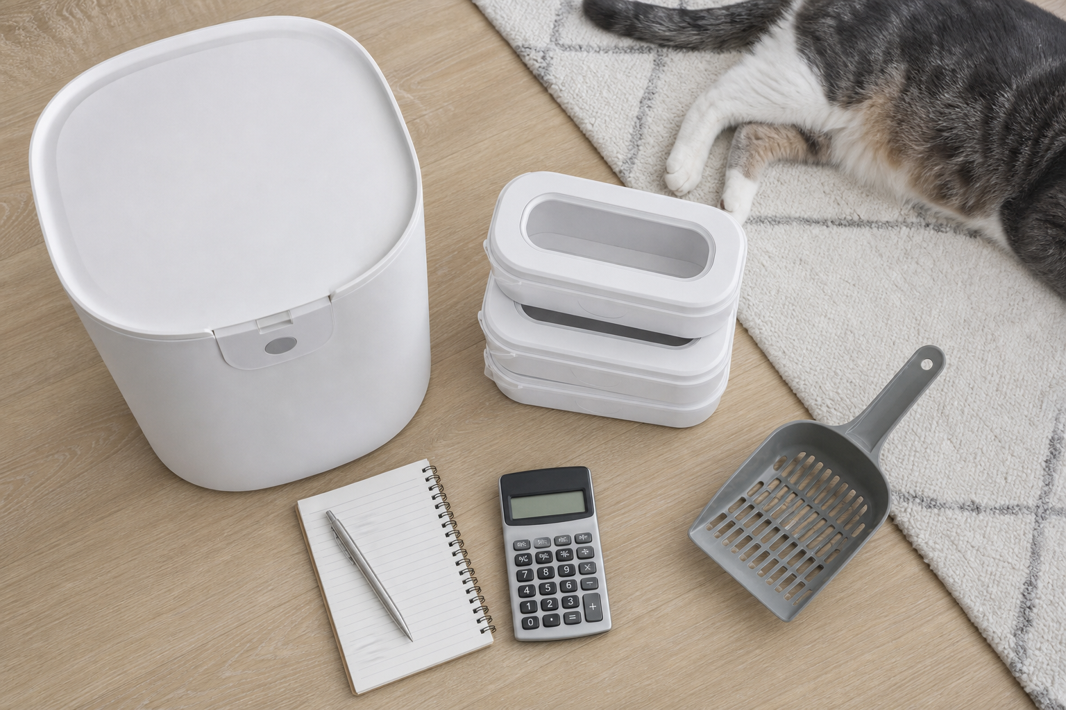 Unbranded cat litter disposal pail and refill bags with a checkout calculator