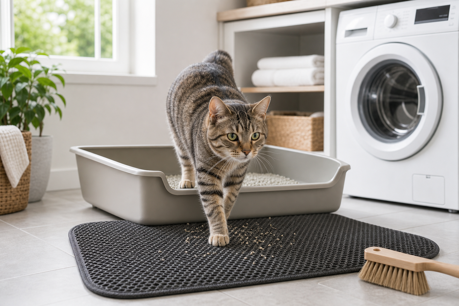 Generic cat litter area with mat and unbranded supplies