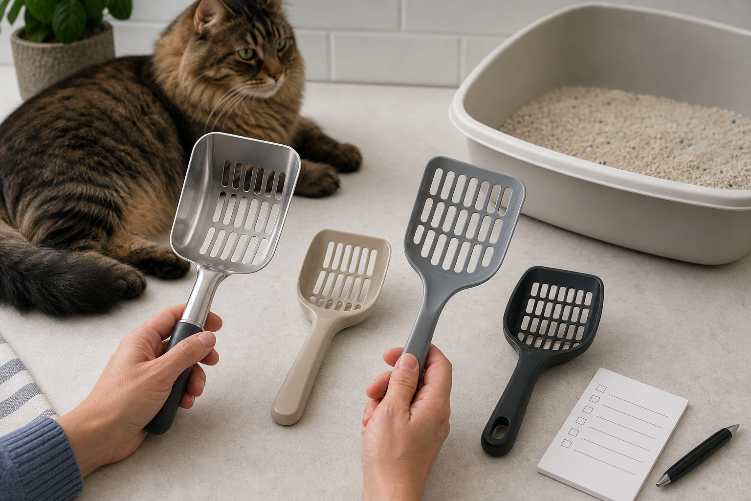 Unbranded metal and plastic cat litter scoops compared before checkout