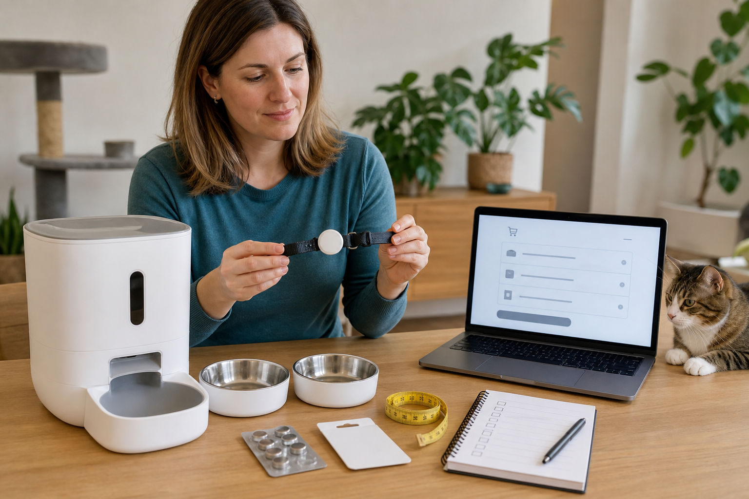 Pet owner comparing an unbranded microchip cat feeder, collar tag and spare parts before checkout