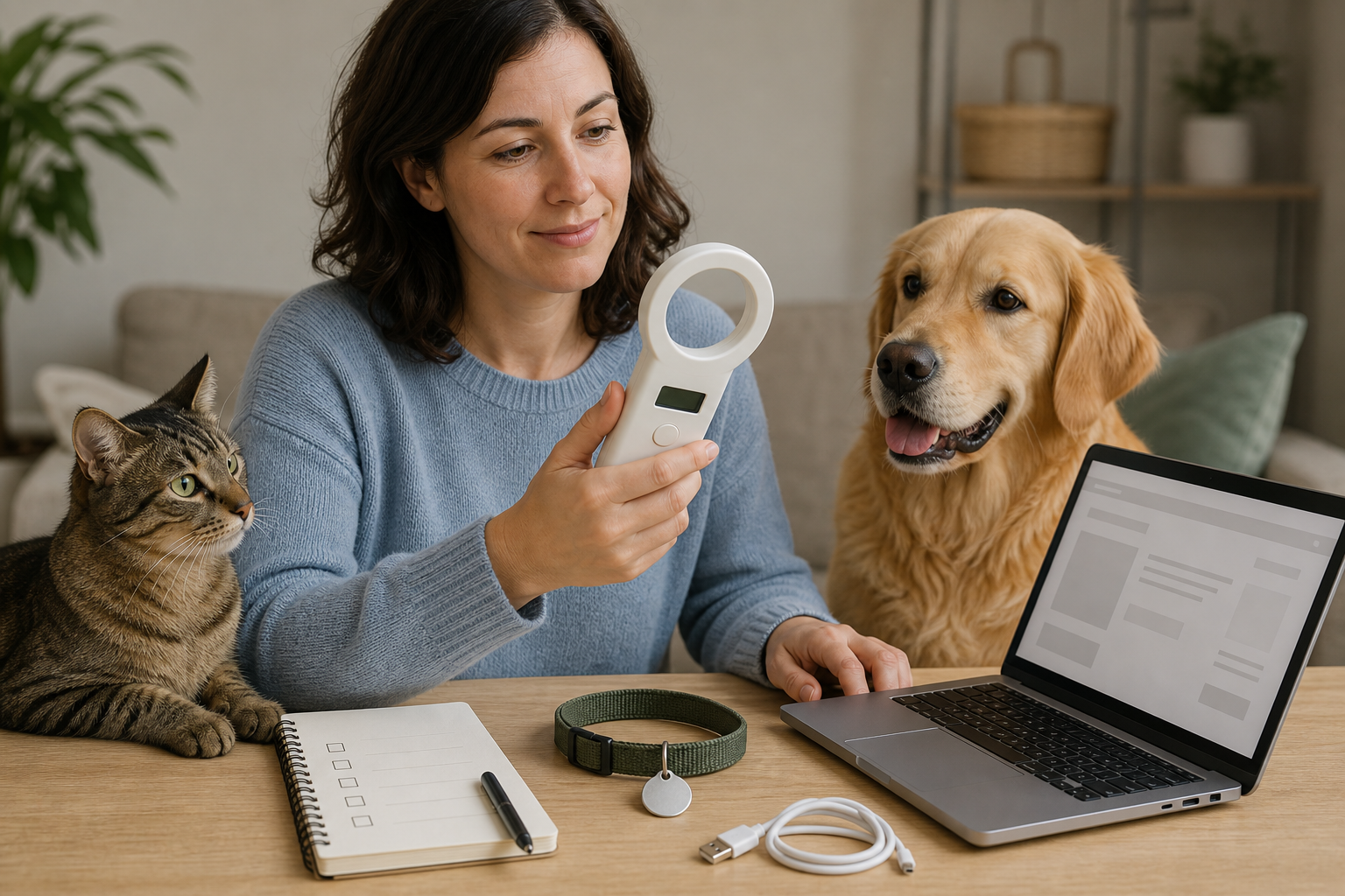 Pet owner checking an unbranded handheld pet microchip scanner before checkout