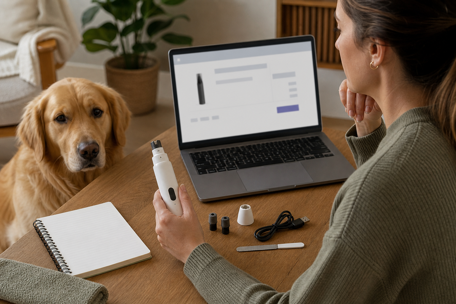 Pet owner comparing an unbranded dog nail grinder before checkout