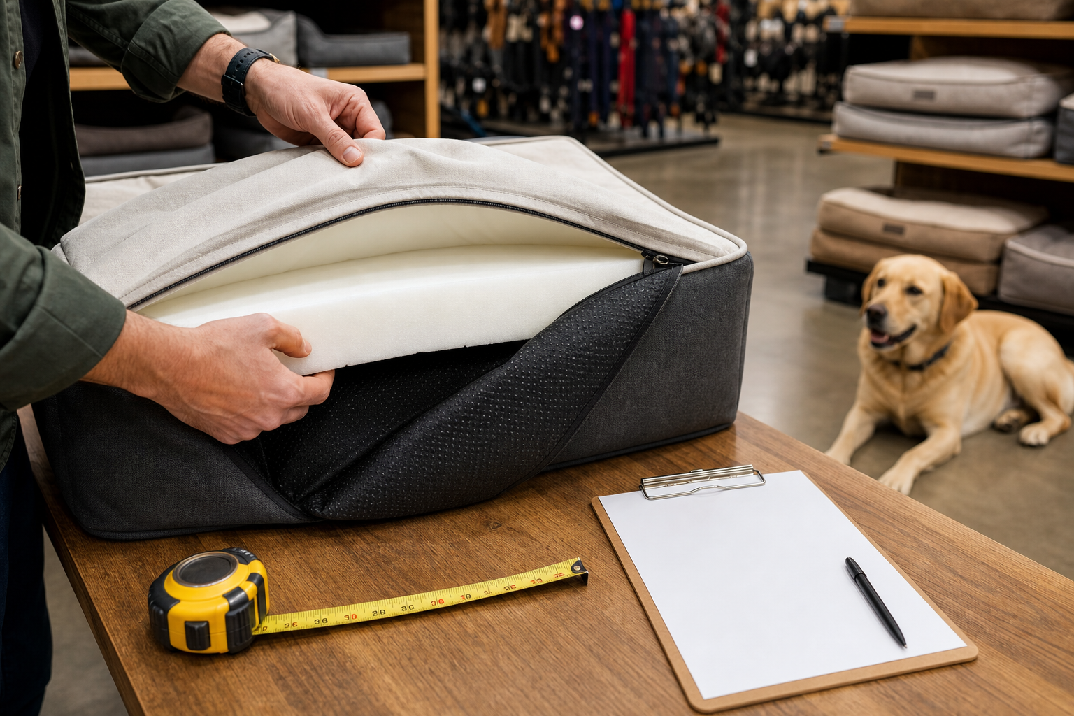 Pet owner checking foam thickness and washable cover on an unbranded dog bed